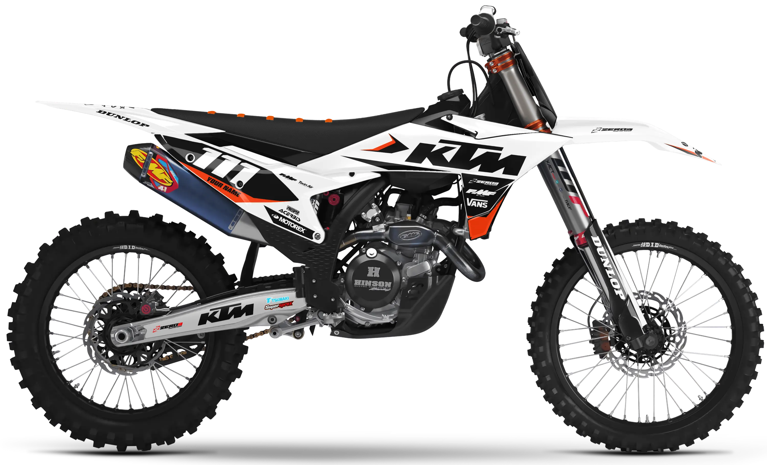 KTM motocross graphics kit Legion White design on KTM motocross bike side panels and fenders.