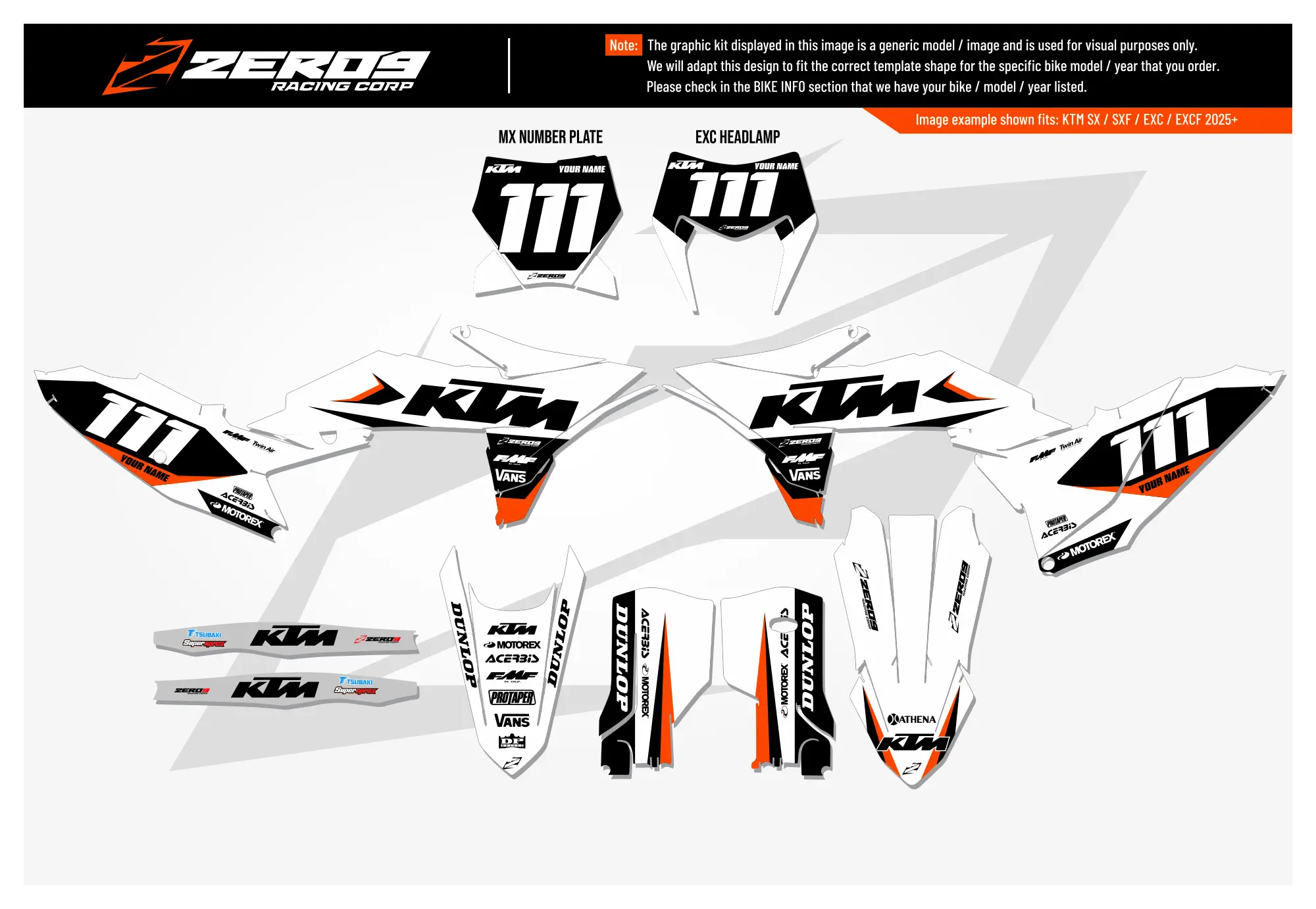 KTM motocross graphics kit Legion White design with black and orange accents for KTM models.