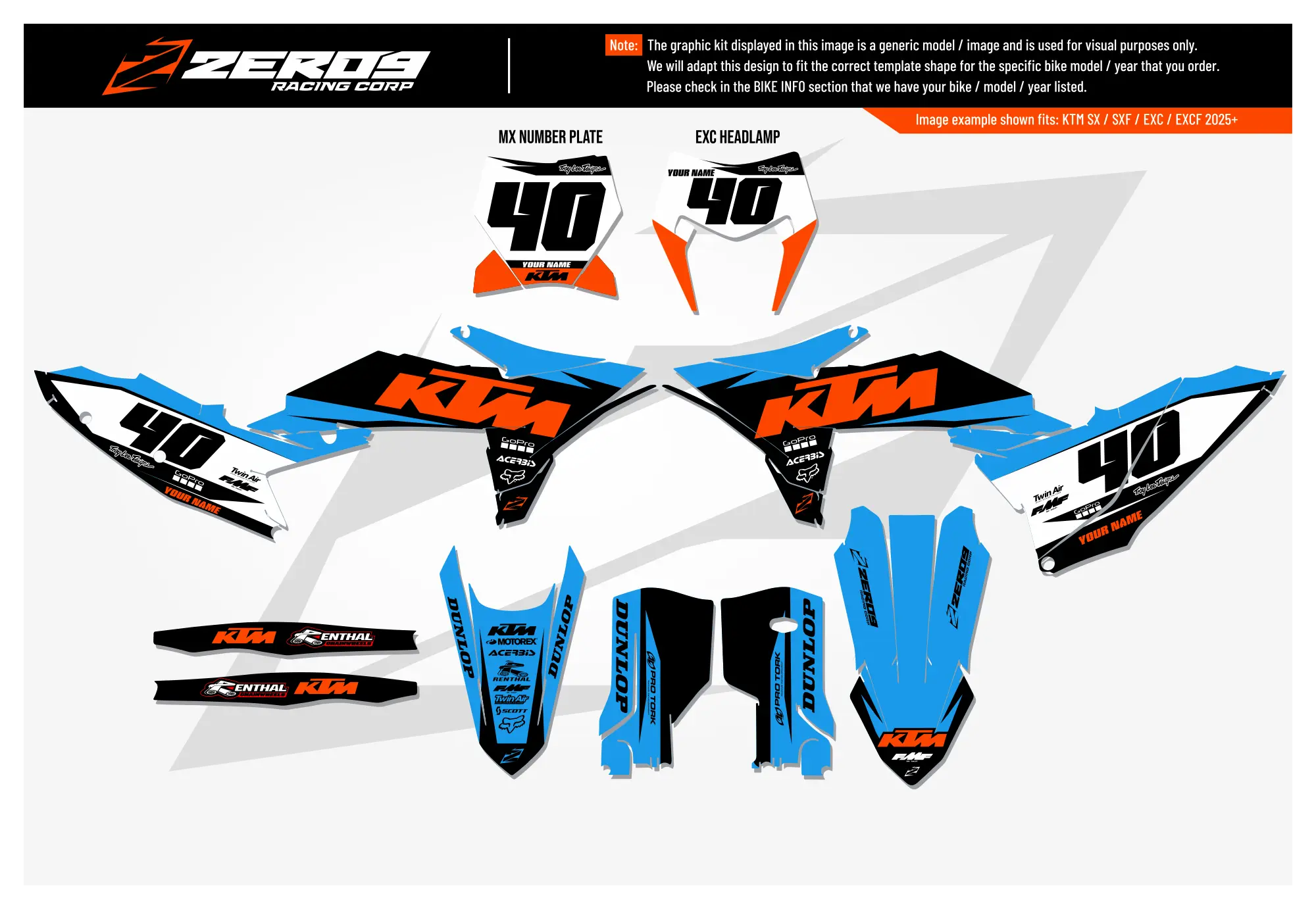 KTM graphics kit – Prime Blue – factory design – motocross – flat lay – #40.