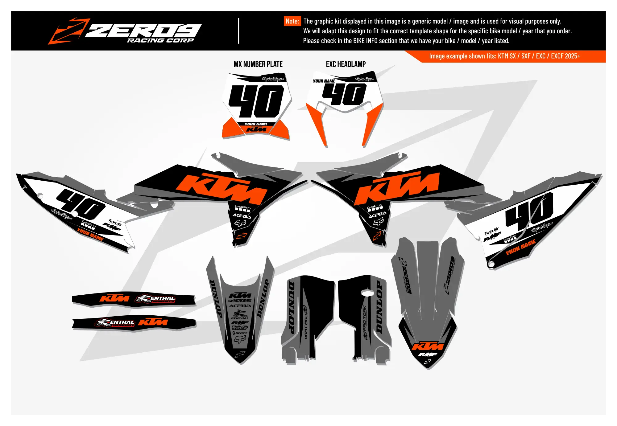 KTM graphics kit – Grey Prime – custom motocross graphics – flat lay – #40.