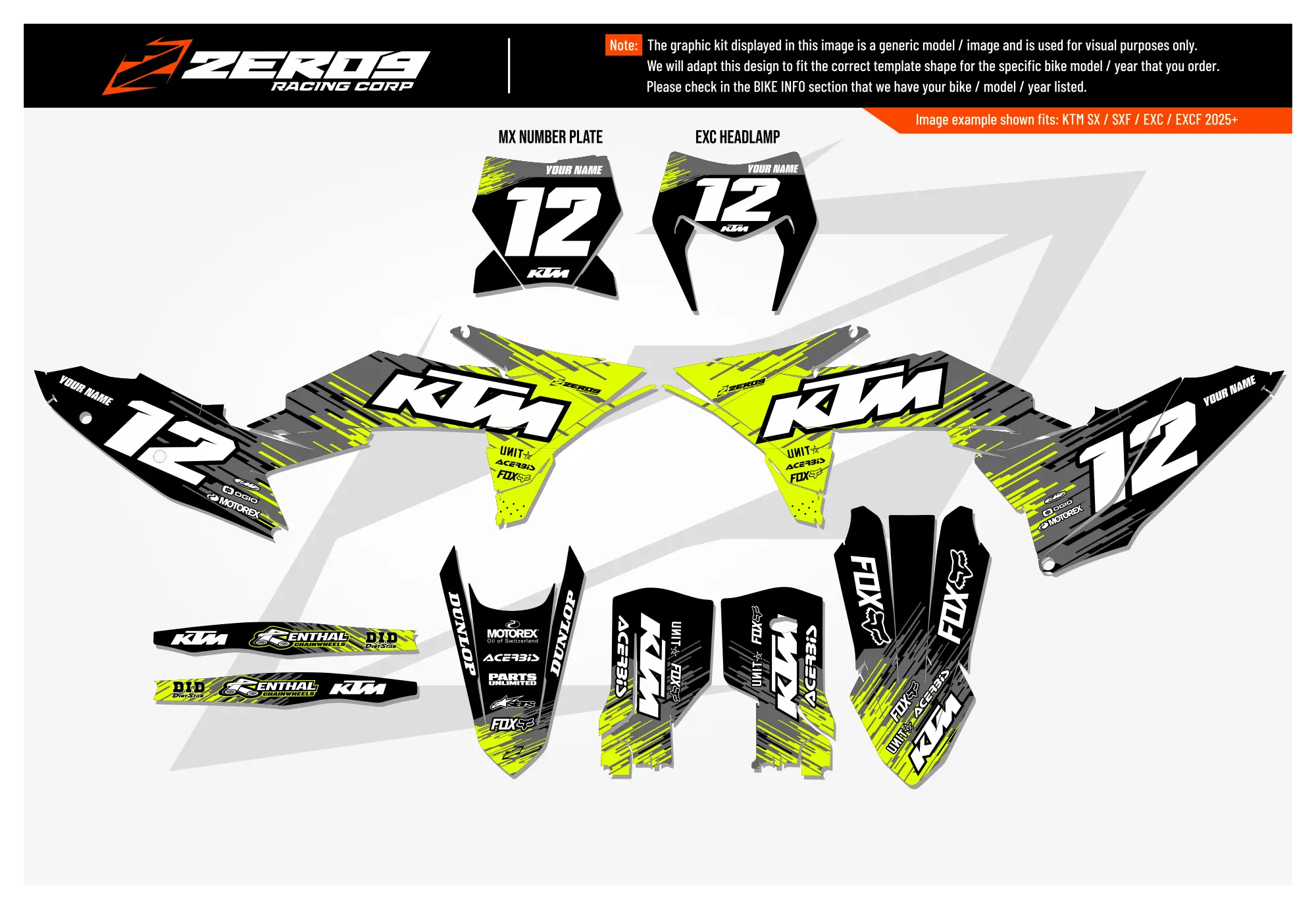 KTM graphics kit – Raid Vivid Yellow/Grey – factory design – motocross – flat lay – #12.