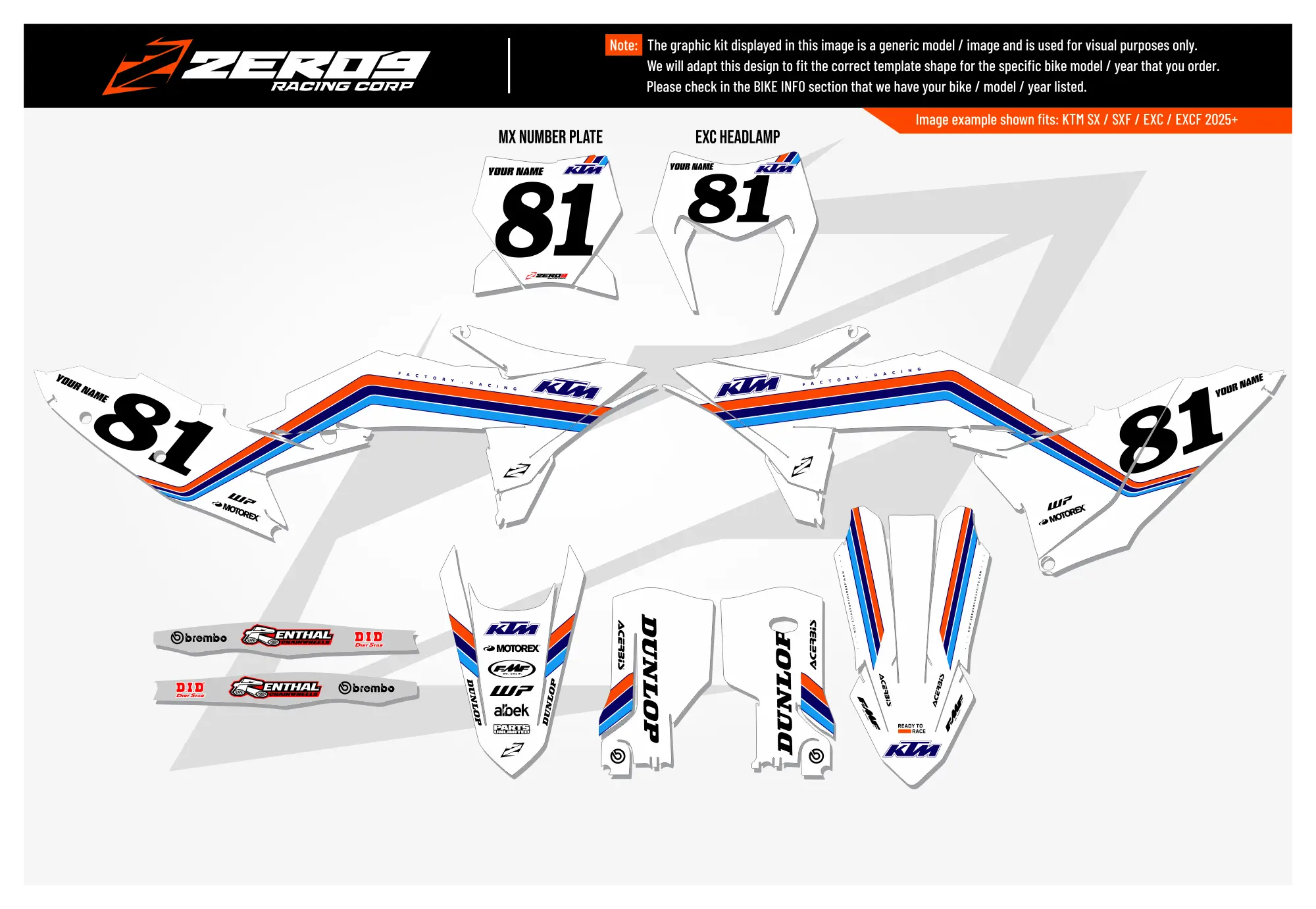 KTM graphics kit – Retro 81 White/Blue/Orange – custom motocross – flat lay – #81.