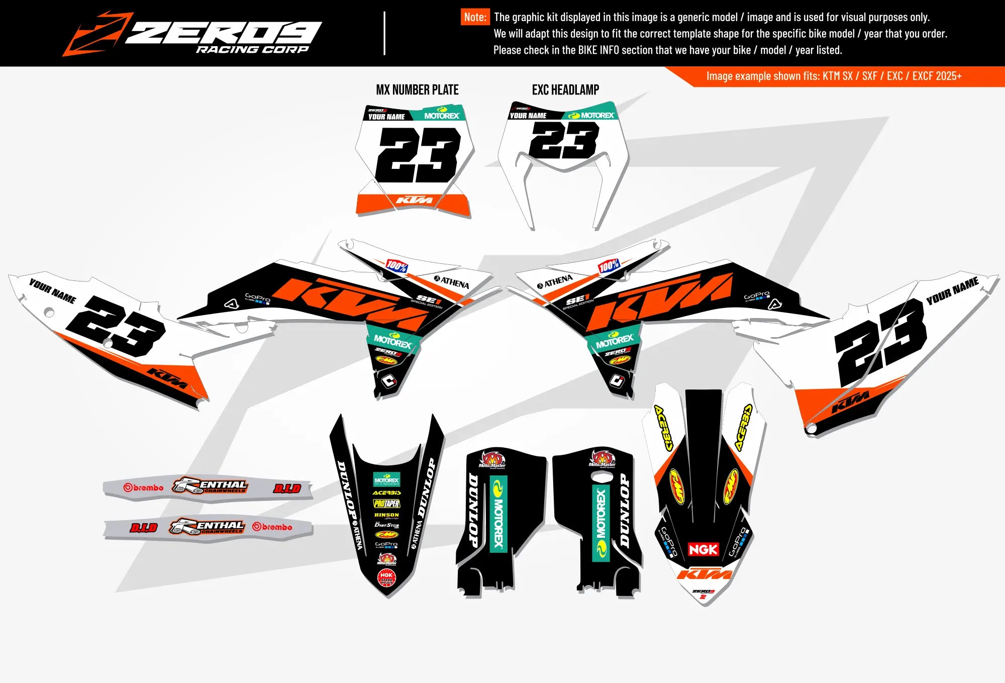 KTM graphics kit – orange/black fade – flat lay – #23 – SX motocross.