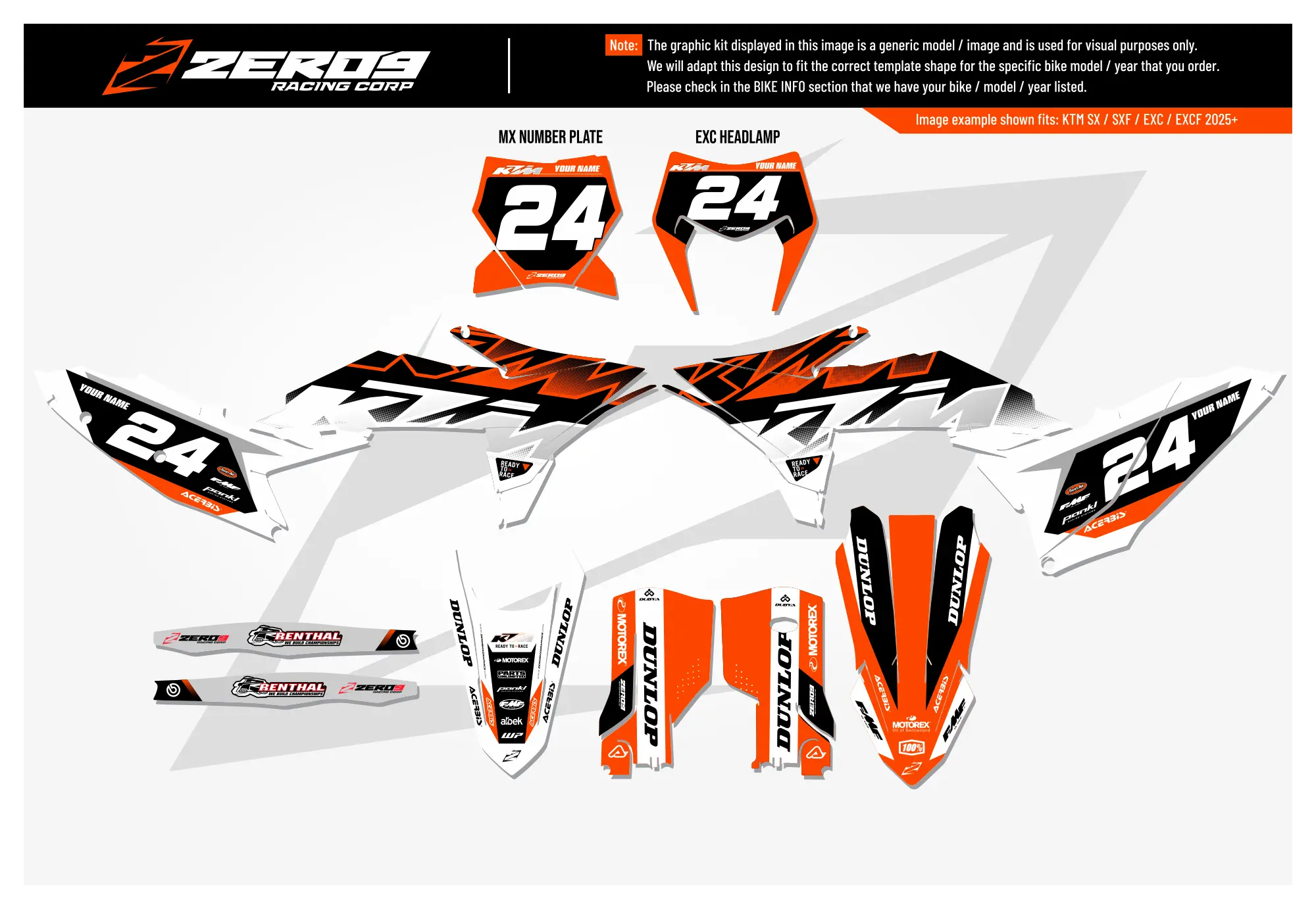 KTM graphics kit – Sync Black/White – factory design – SX motocross – flat lay – #24.