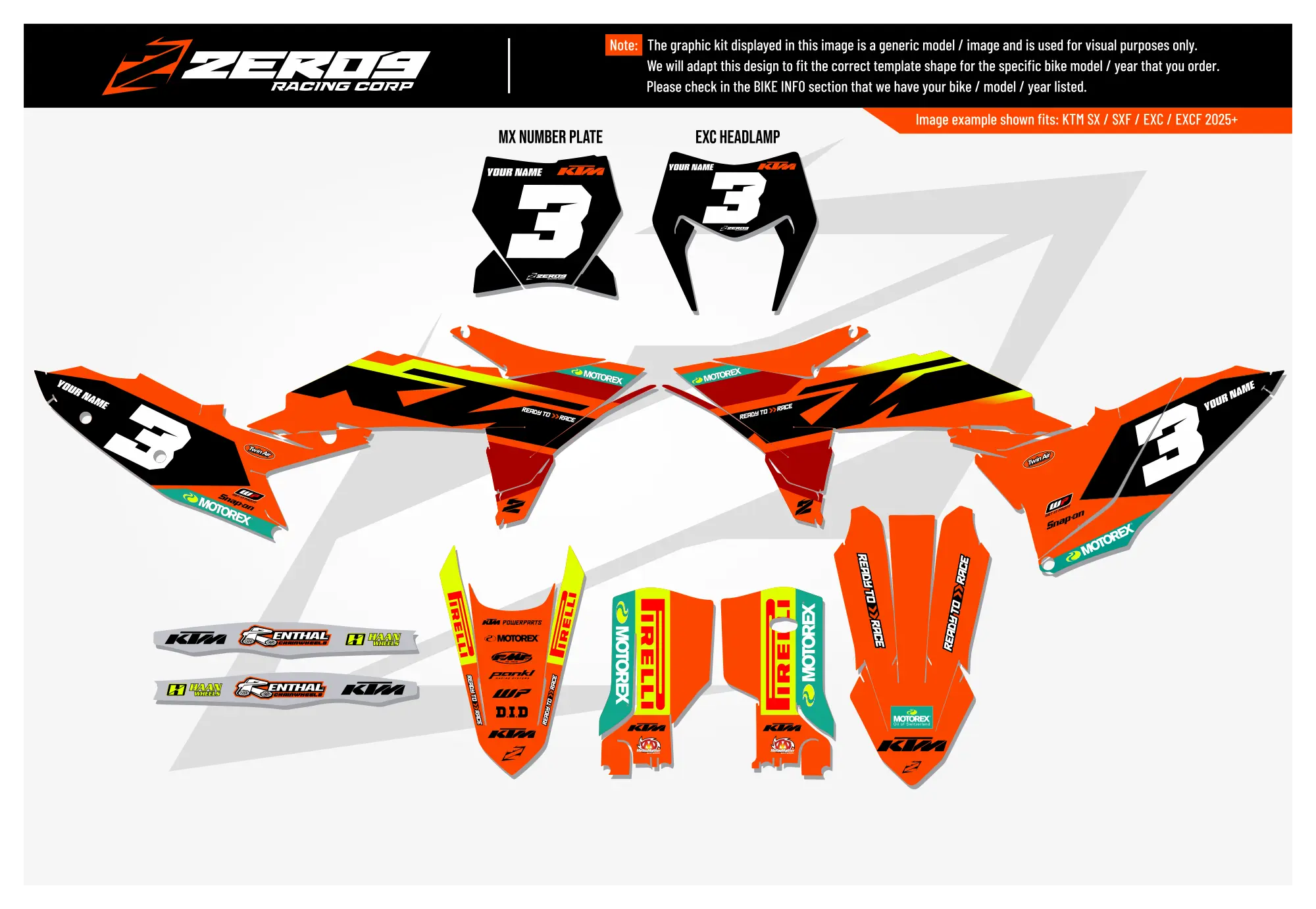 KTM graphics kit – Trax Orange/Black – block design – SX motocross.