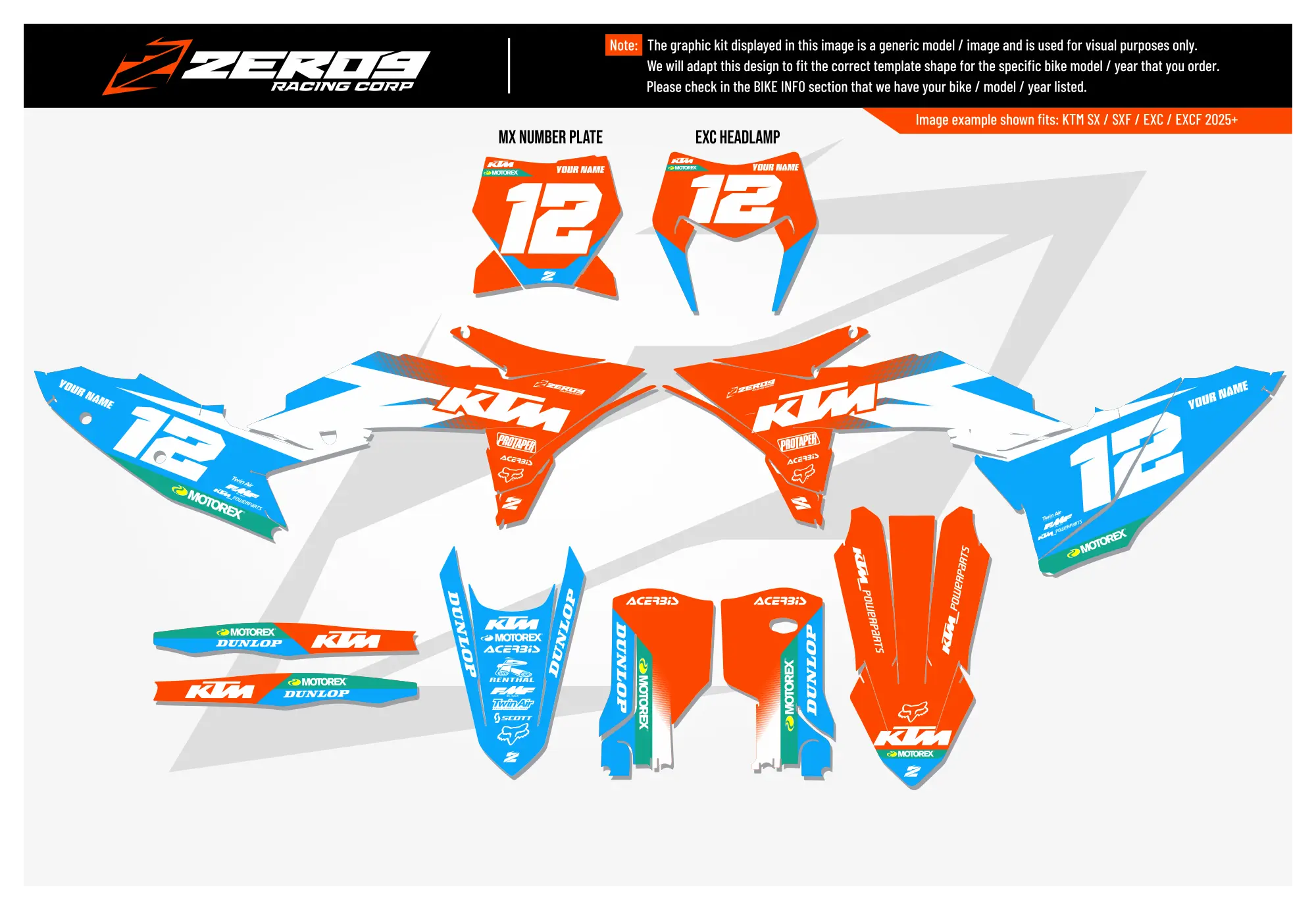 KTM graphics kit – Vantage Orange/Blue – factory design – motocross.