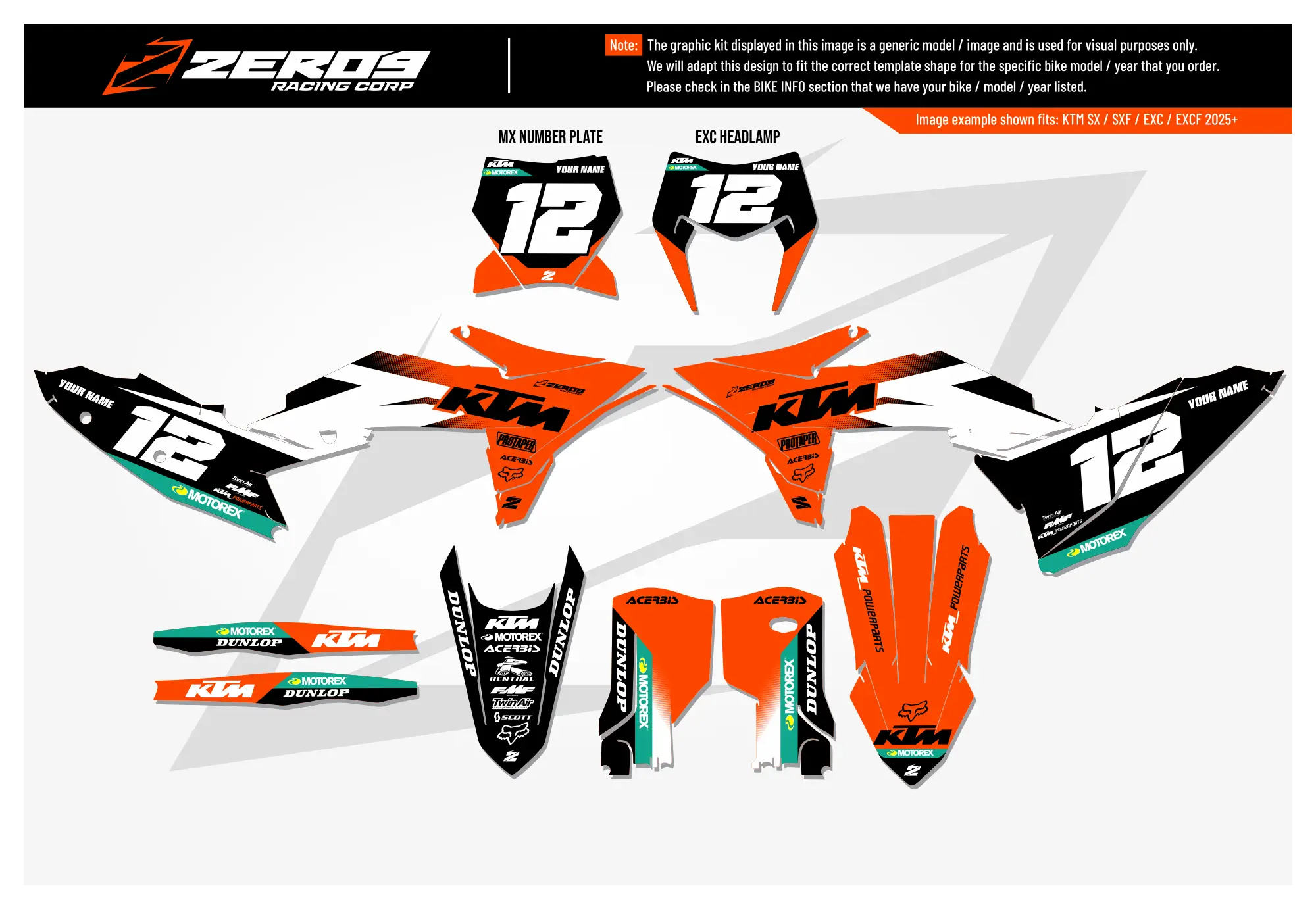 KTM graphics kit – Vantage Orange/Black – factory design – motocross – flat lay – #12.