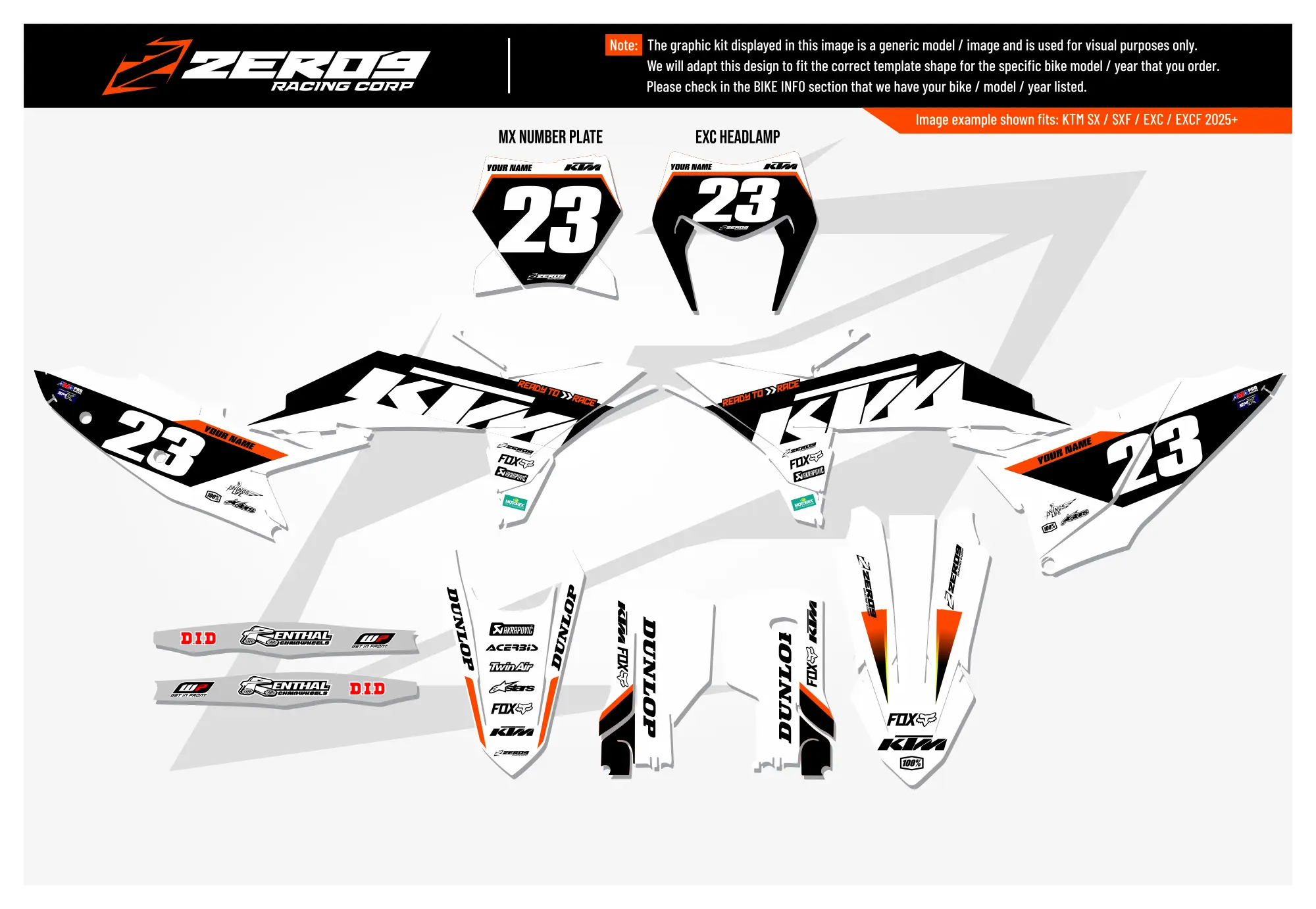 KTM graphics kit – white/black stripe – custom motocross – flat lay – #23 – SX motocross.