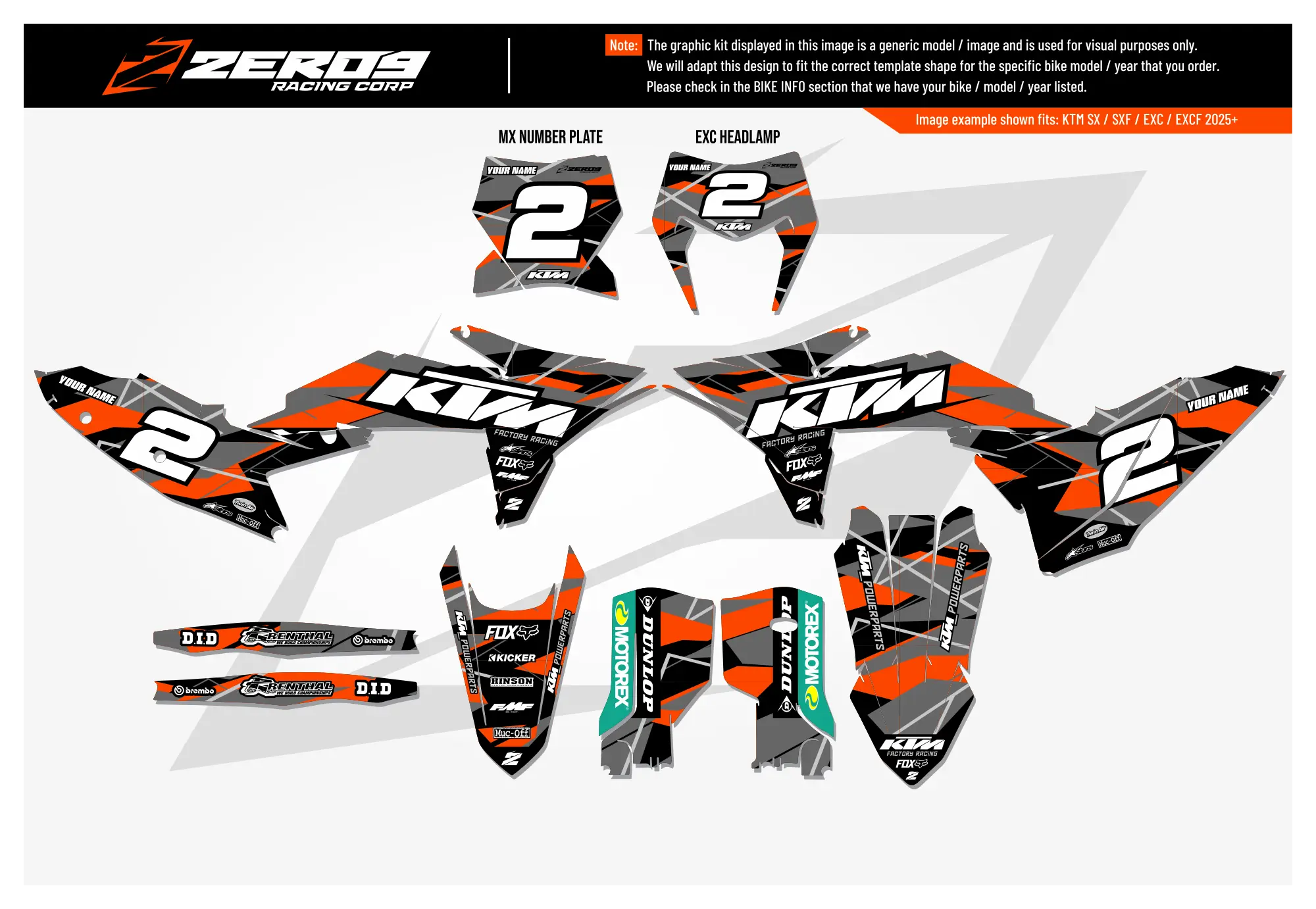 KTM graphics kit – zinc black/orange block – custom motocross – SX motocross.