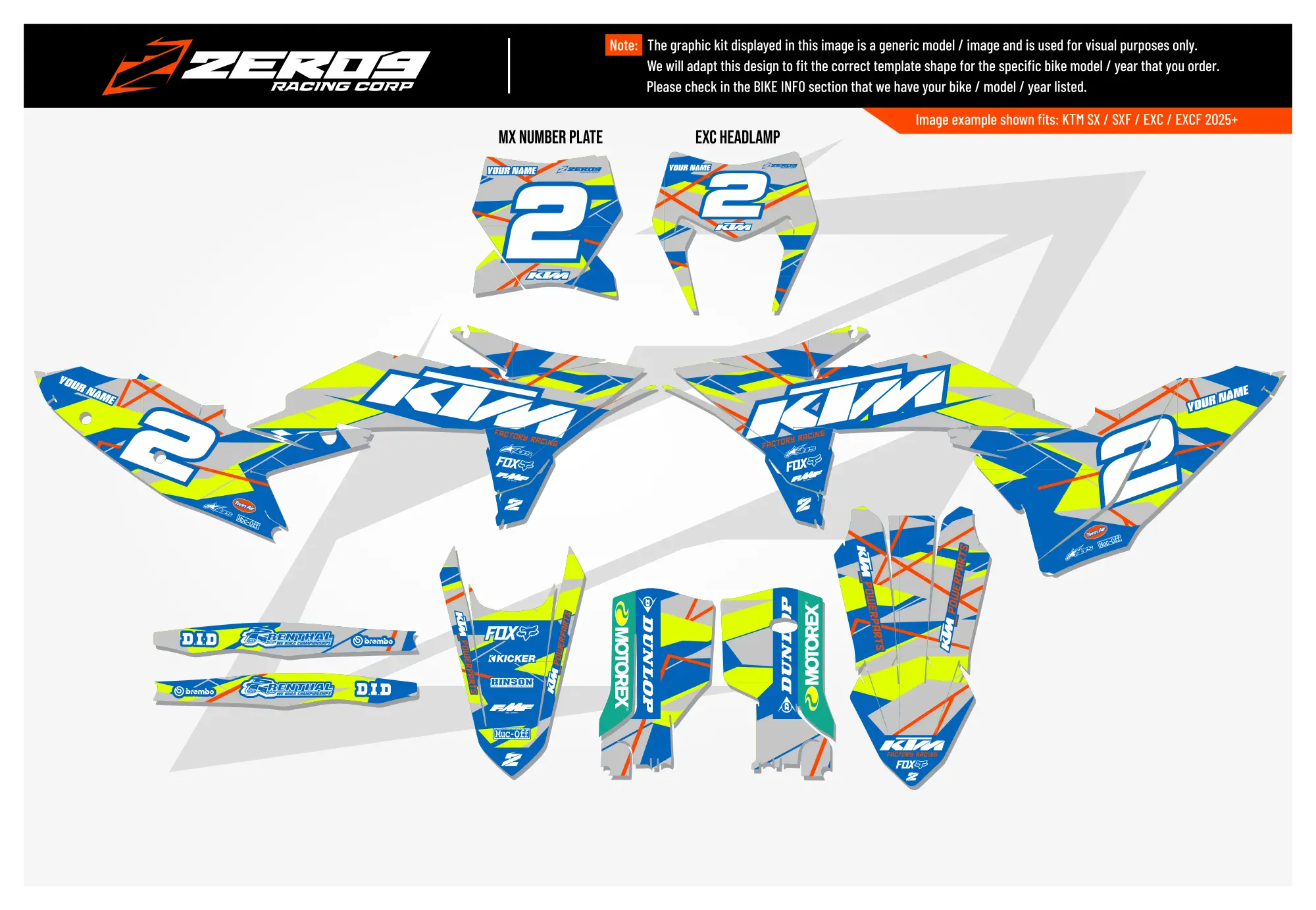 KTM graphics kit – Zinc Blue/Vivid Yellow – block design – SX motocross – flat lay – #2.
