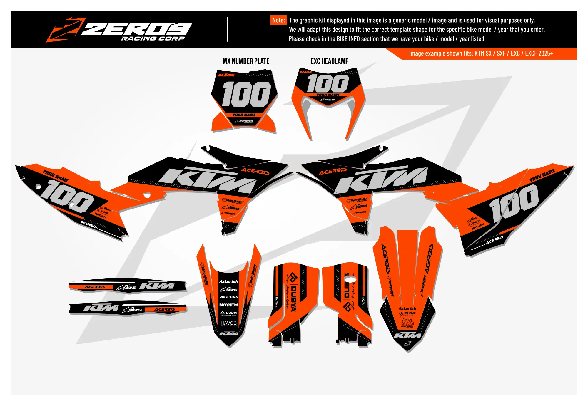 KTM graphics kit – black/orange block – factory design – SX motocross – #100.