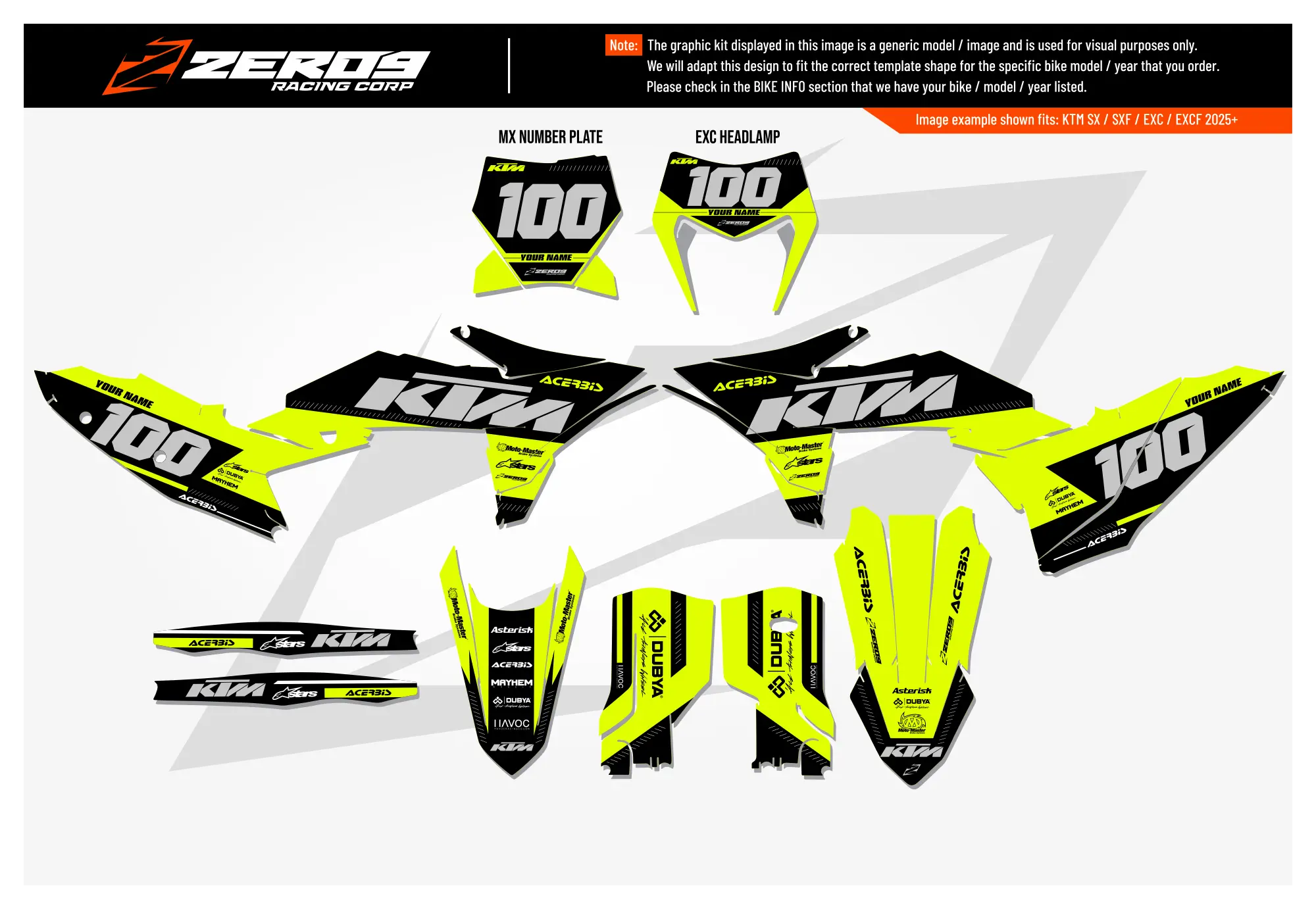 KTM graphics kit – Zoom Black/Vivid Yellow – block design – motocross – #100 – flat lay.