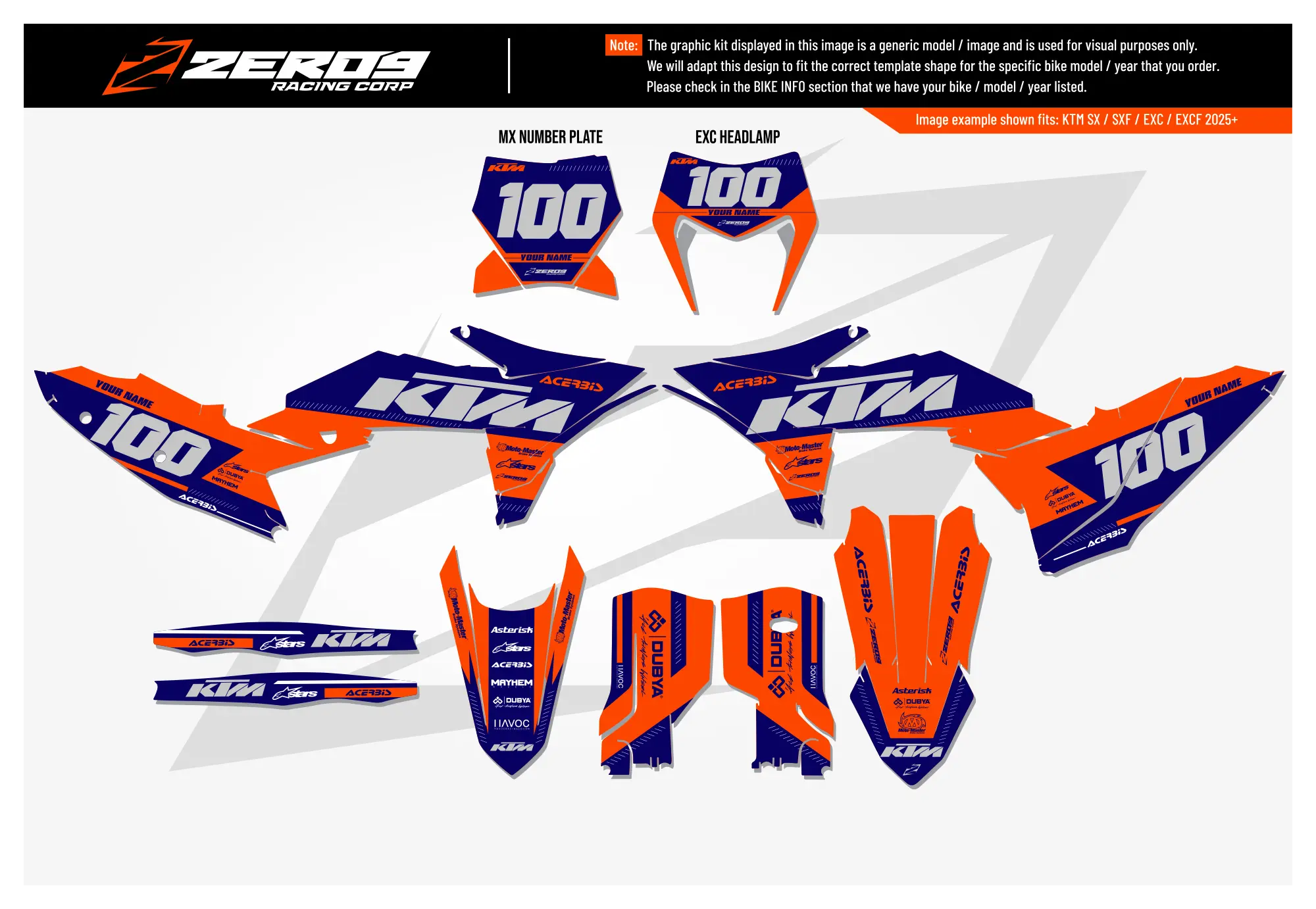 KTM graphics kit – Zoom Blue/Orange – block design – motocross – flat lay – #100.