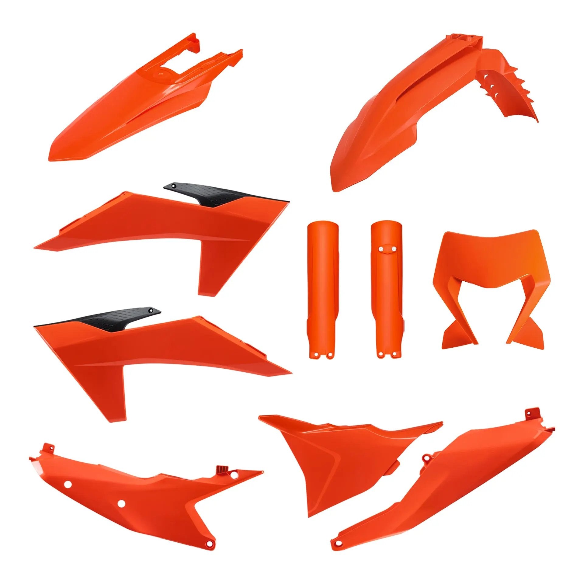 Set of orange KTM plastic motorcycle parts on a white background