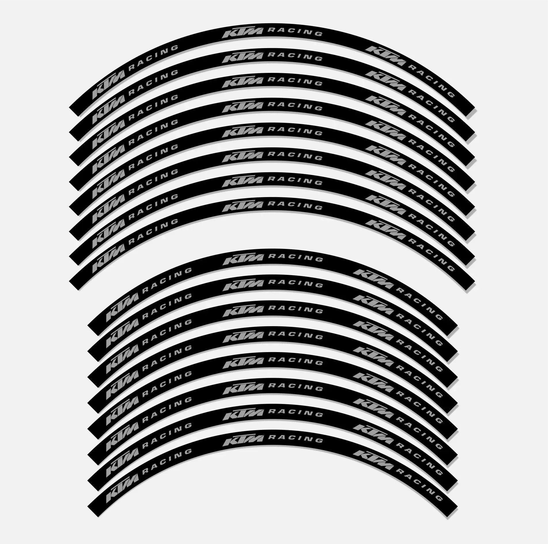 A set of KTM rim decals in black and grey color, designed for use on motorcycle wheels.