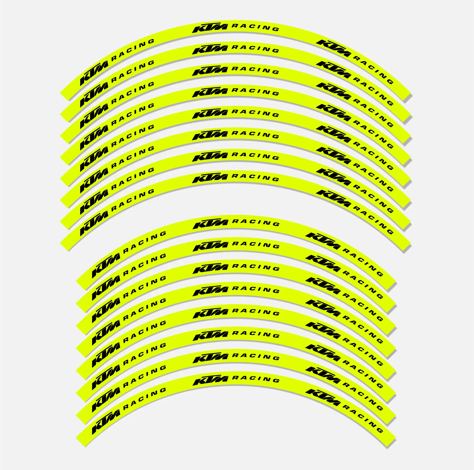 A set of KTM rim decals in vivid yellow and black color, designed for use on motorcycle wheels.