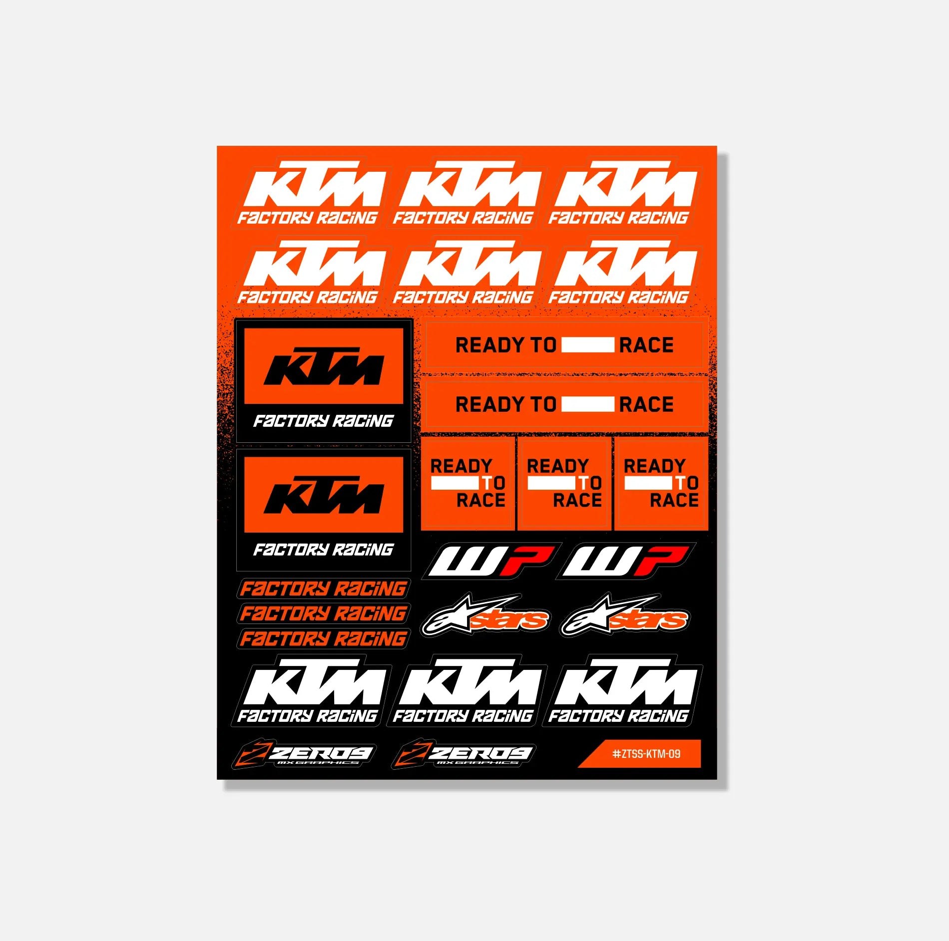 KTM sticker sheet featuring factory racing logos and ready to race designs with mx graphics branding