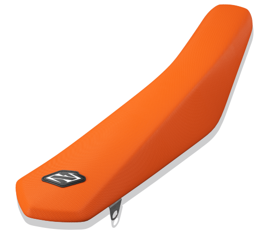Orange motorcycle seat with a brand logo on a white background
