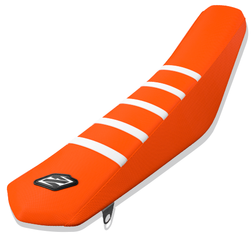 Orange motorcycle seat cover with white stripes on a white background