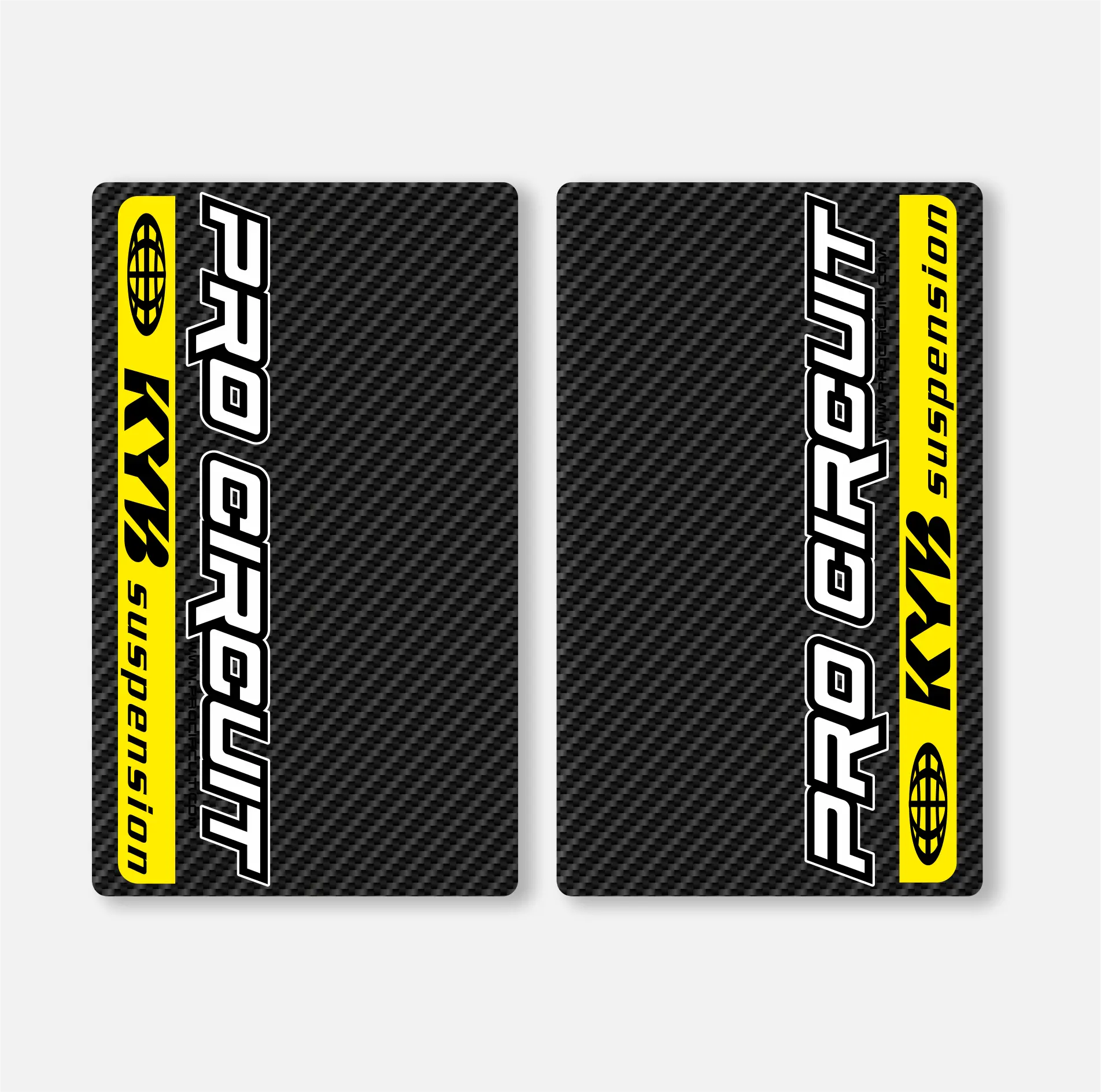 Two black KYB fork decals with a carbon fibre effect and white text 'PRO CIRCUIT' on them.