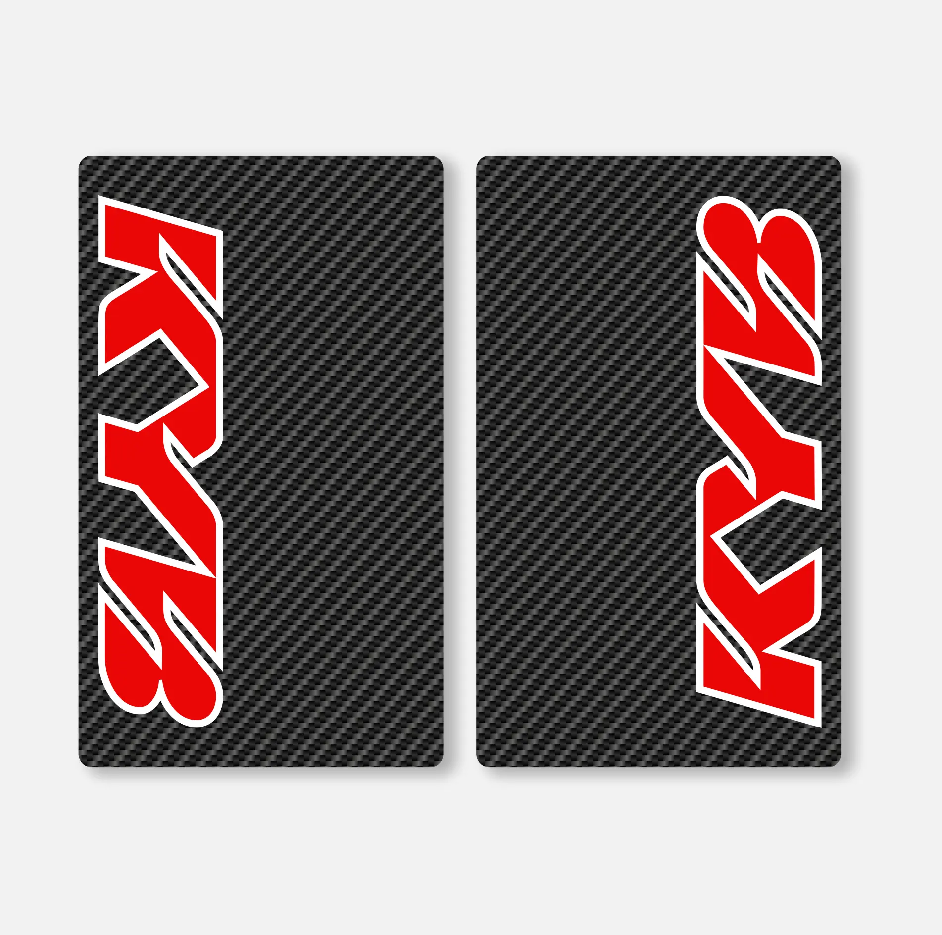 Two black motocross fork decals with the white text 'KYB' on them, designed to wrap around fork tubes.