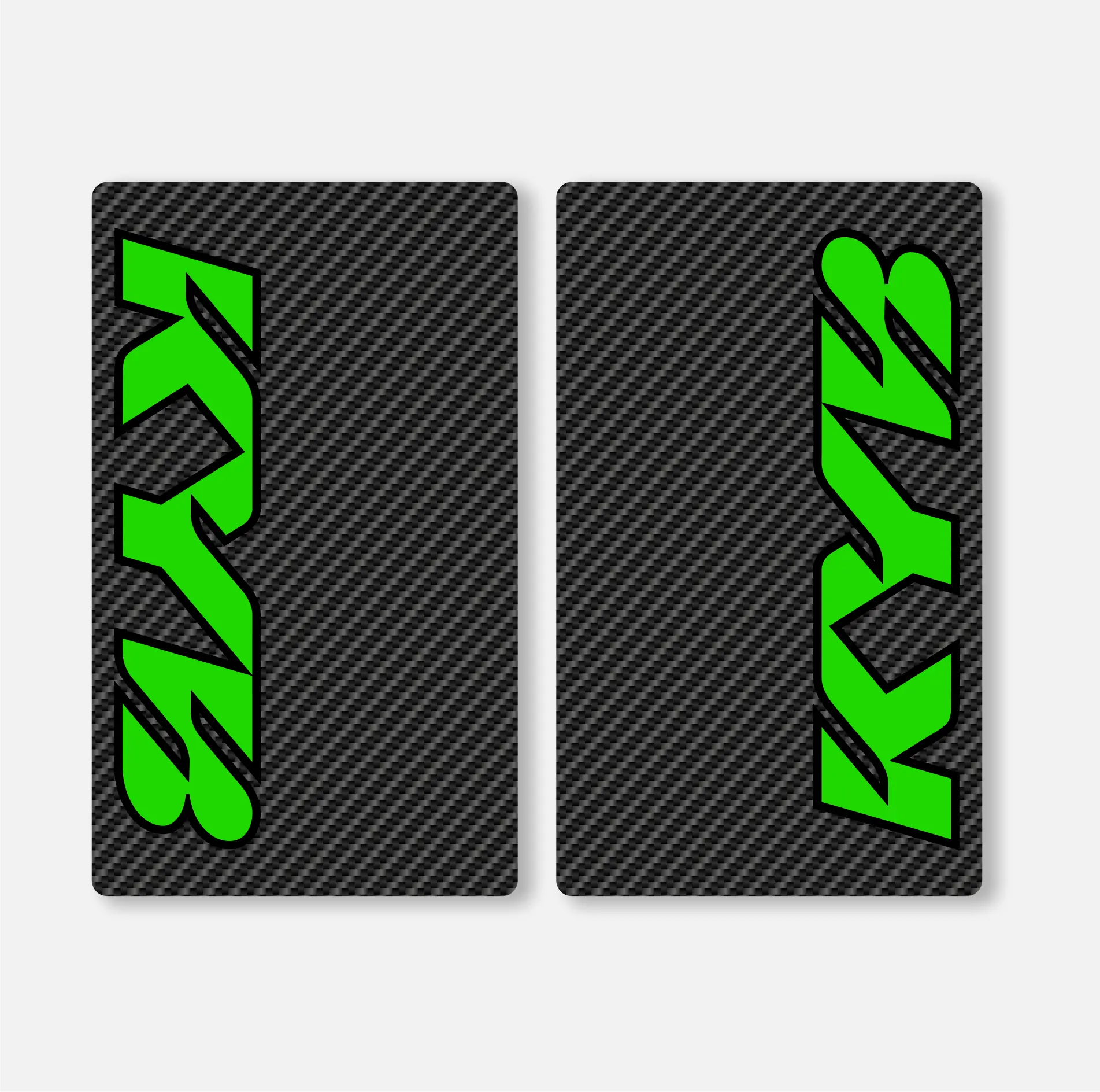 Two dirt bike fork decals with the white text 'KYB' on them, designed to wrap around fork tubes.