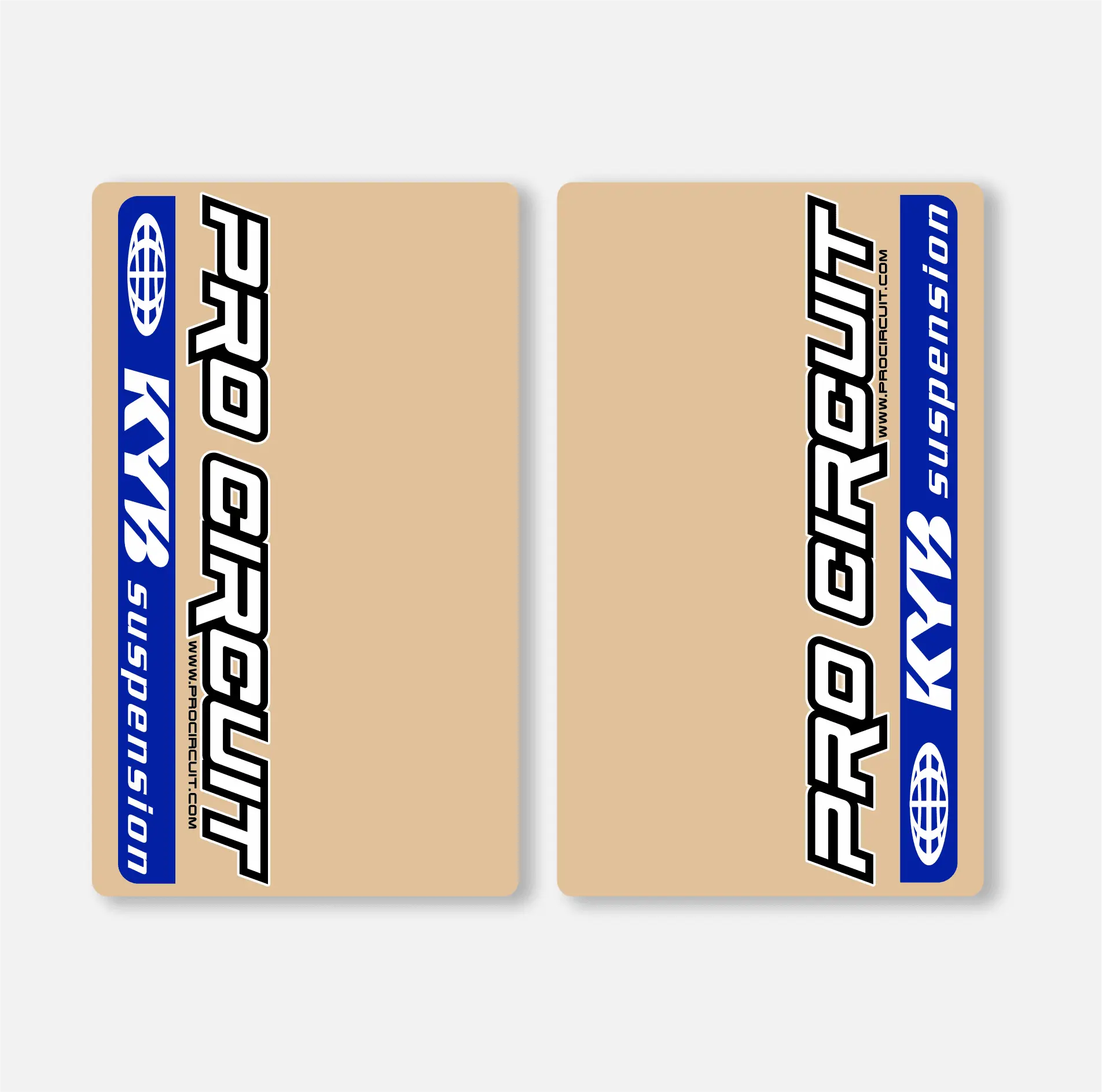 Two clear vinyl fork decals with blue and white 'Pro Circuit' text and logos, intended for motorcycle fork protection.