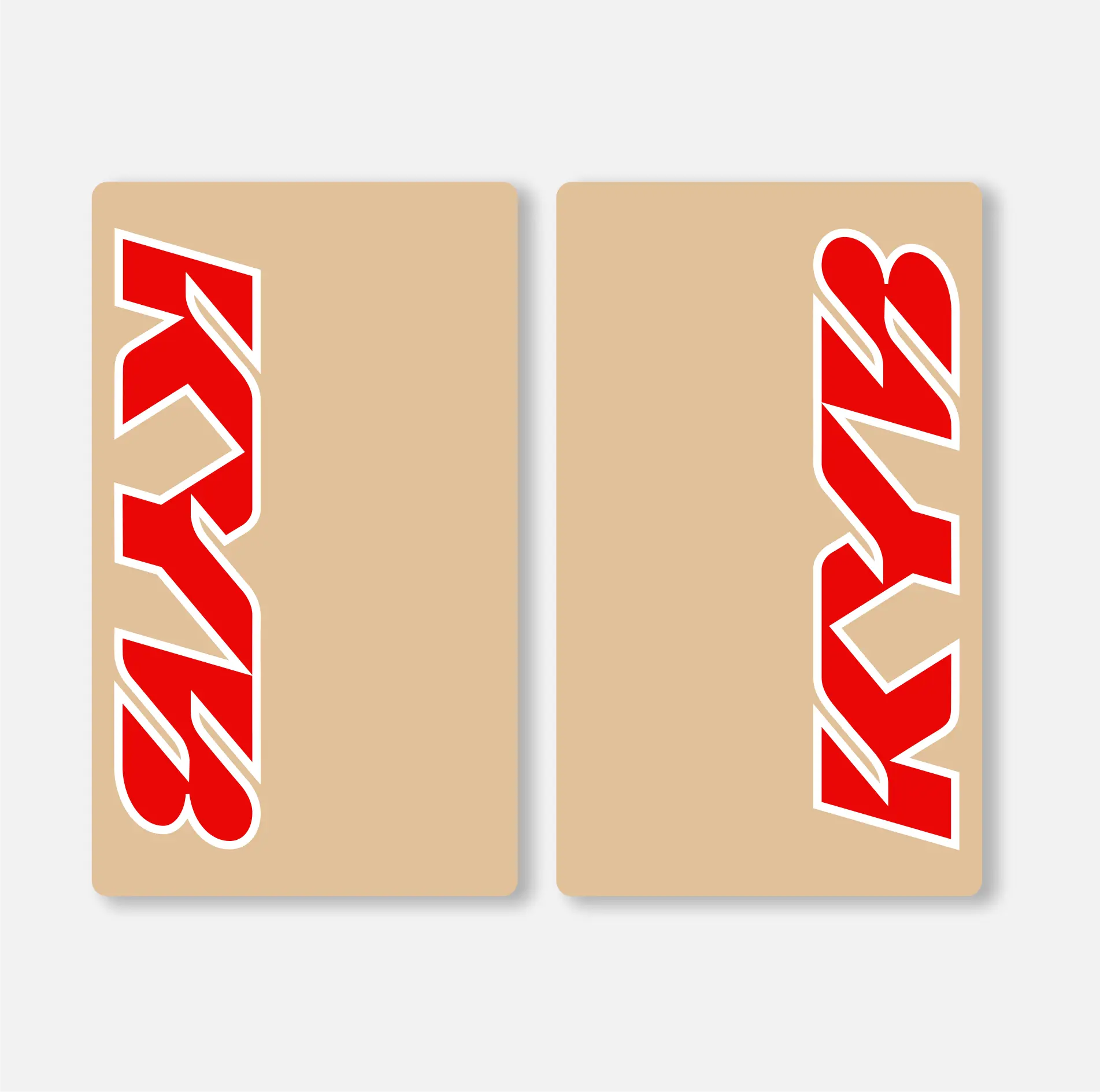 A set of two KYB branded fork decals in red and white, designed for use on motorcycles.