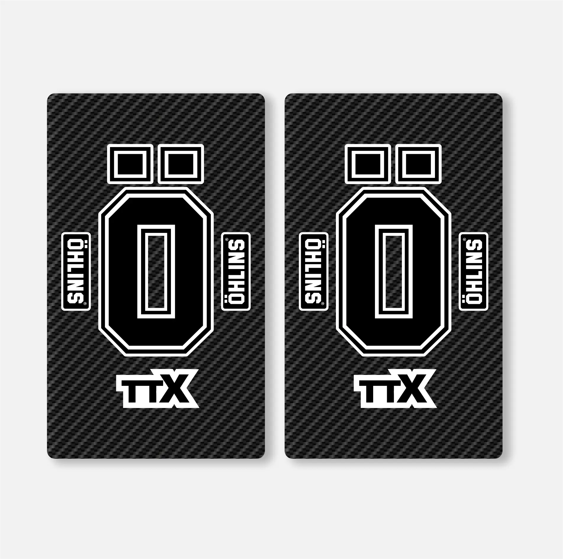 A pair of OHLINS fork decals with a carbon fibre appearance, predominantly black in color with white and bright graphics, designed to wrap around fork tubes.