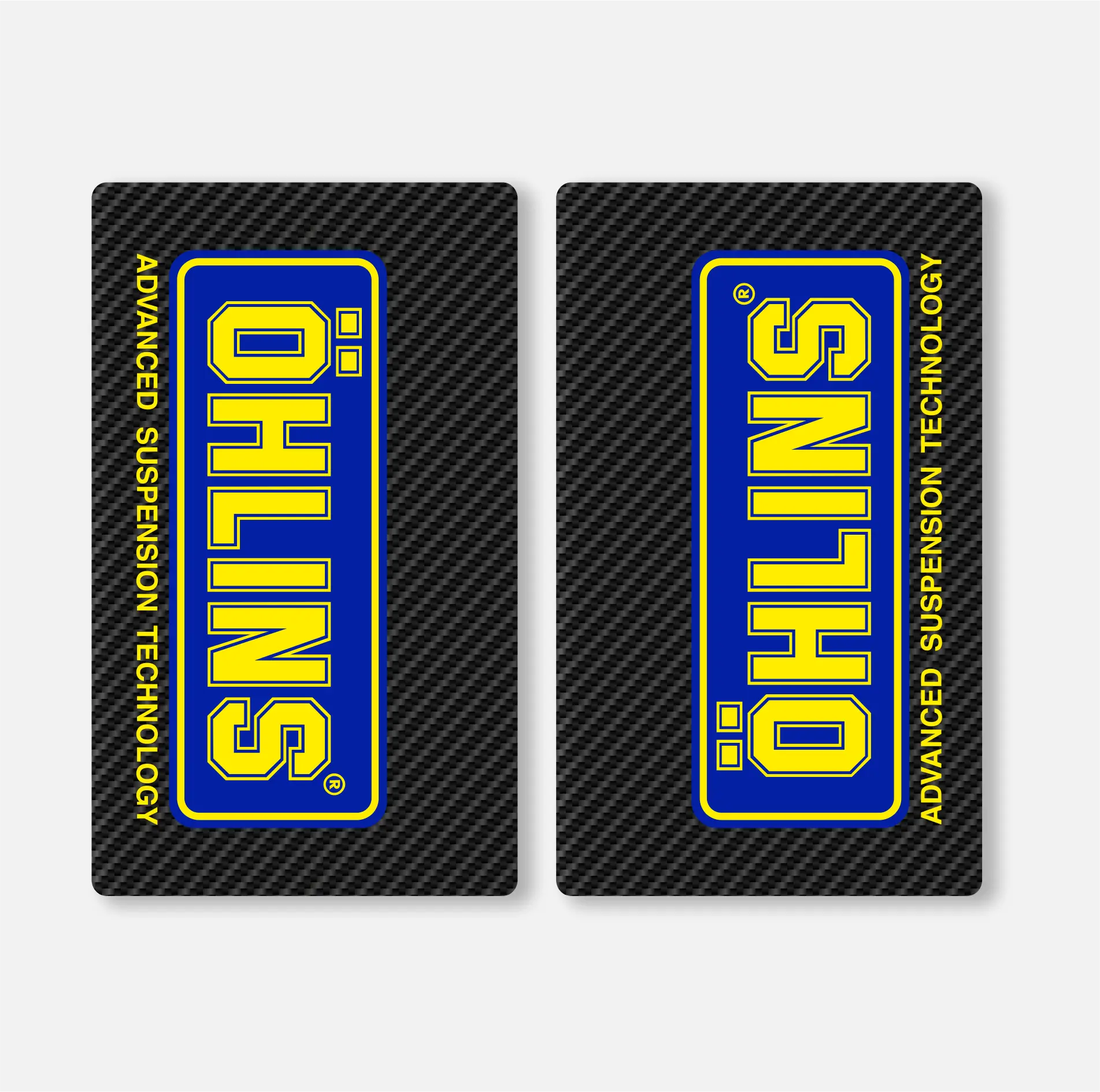 A set of two OHLINS fork decals with a carbon fibre appearance, featuring the OHLINS logo in yellow on a black carbon fibre pattern.