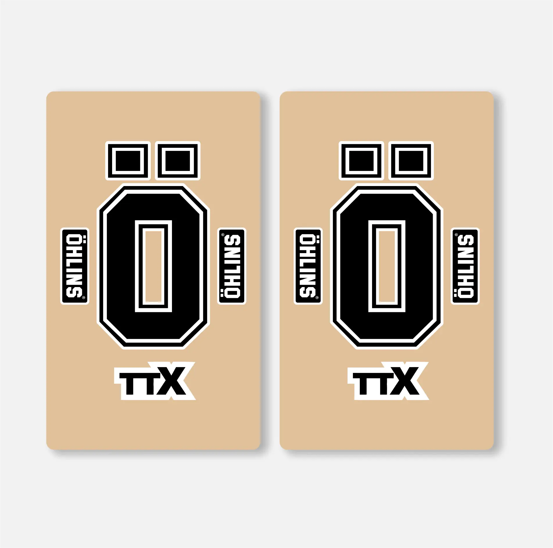 A set of OHLINS fork decals with a carbon fiber appearance, predominantly black and white in color, with the OHLINS logo and the text 'TTX'.