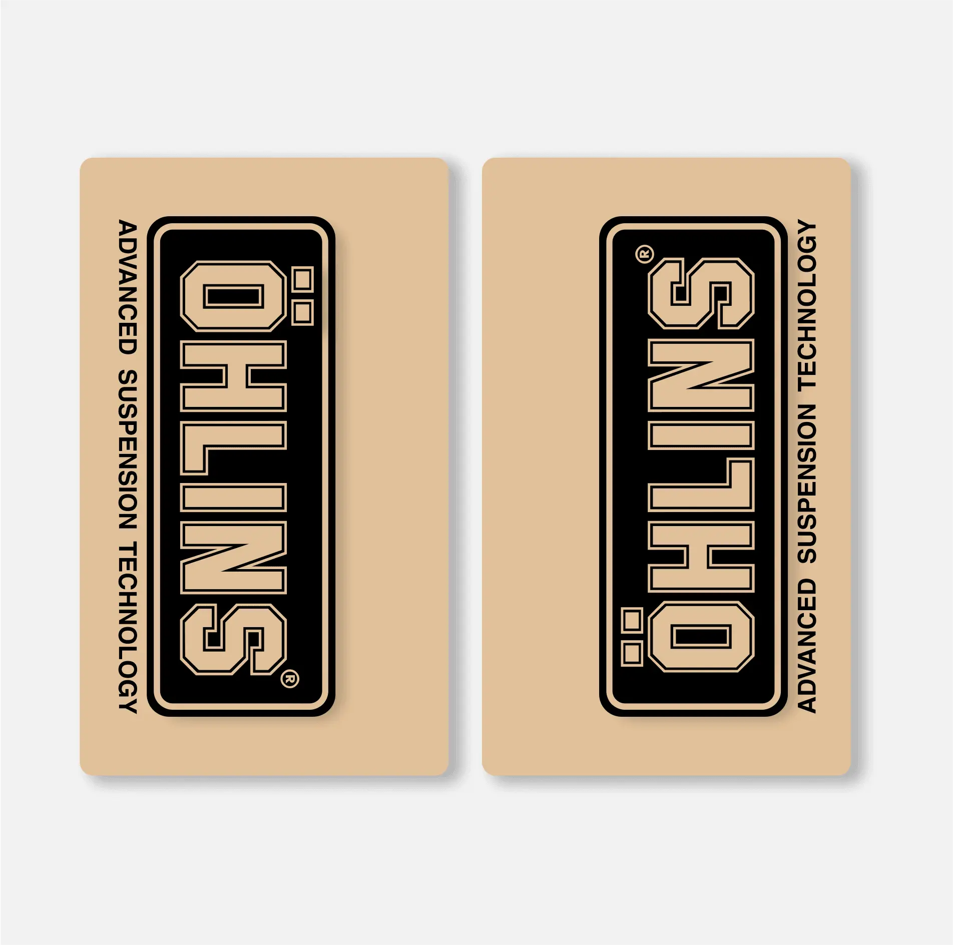 Two motocross OHLINS brand fork decals with a blue and yellow design, intended for use on motorcycle forks for protection against stone chips and wear.