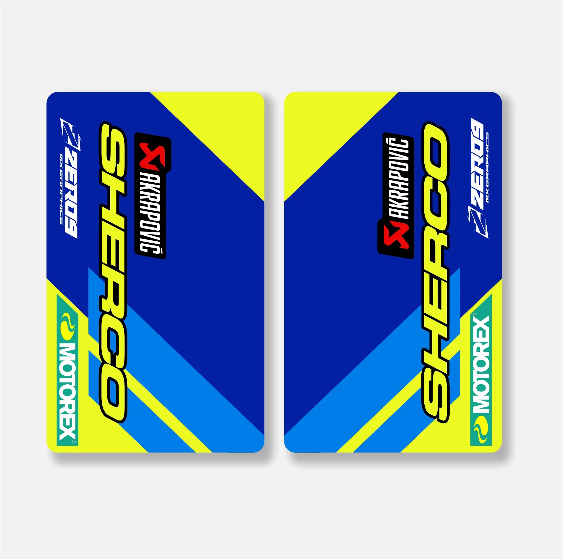 Two blue and yellow Sherco motorcycle fork decals with Motorex logos on a white background.