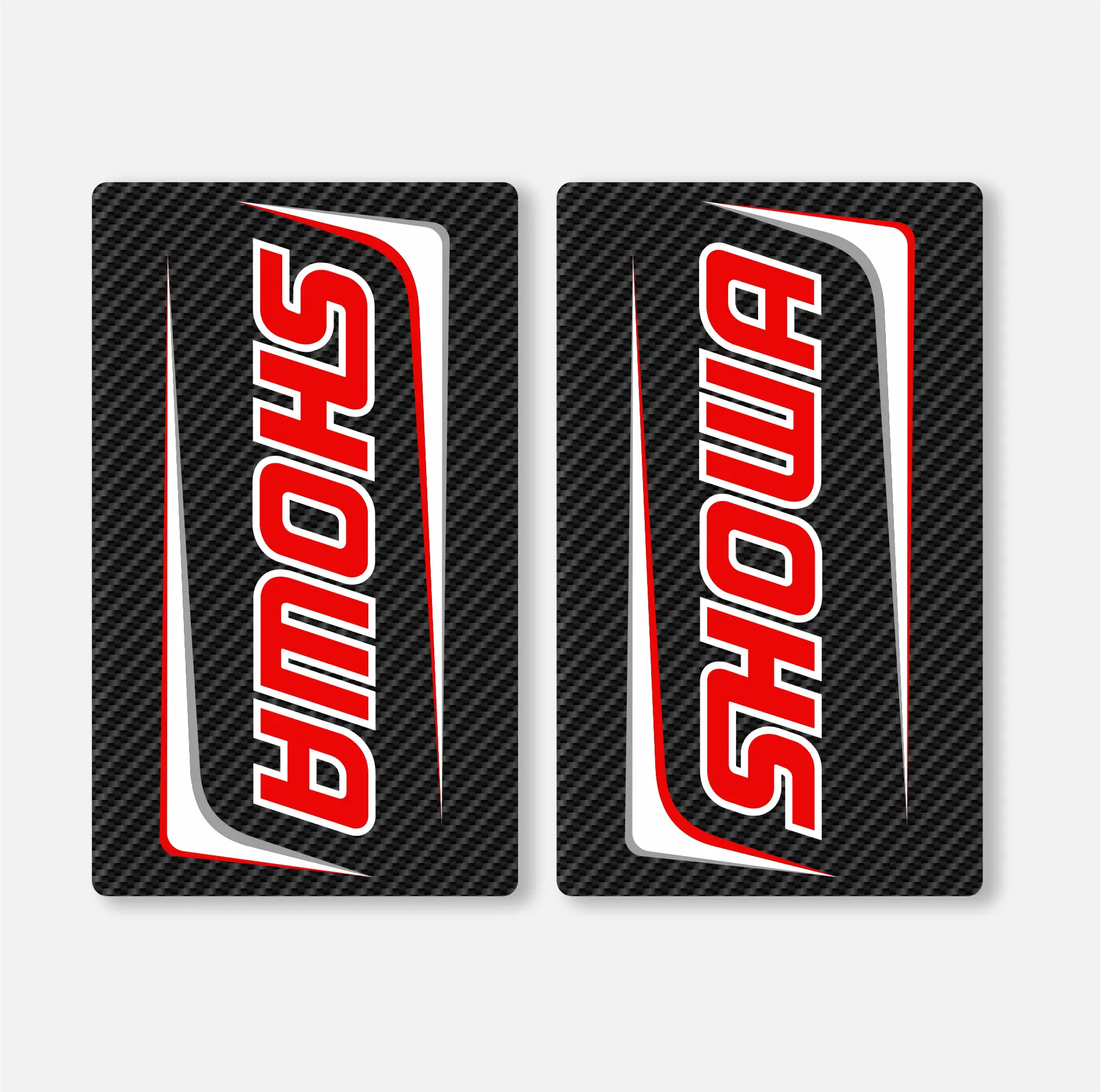 Two motocross fork decals with a carbon fiber pattern and the brand name 'SHOWA' printed in white and red.