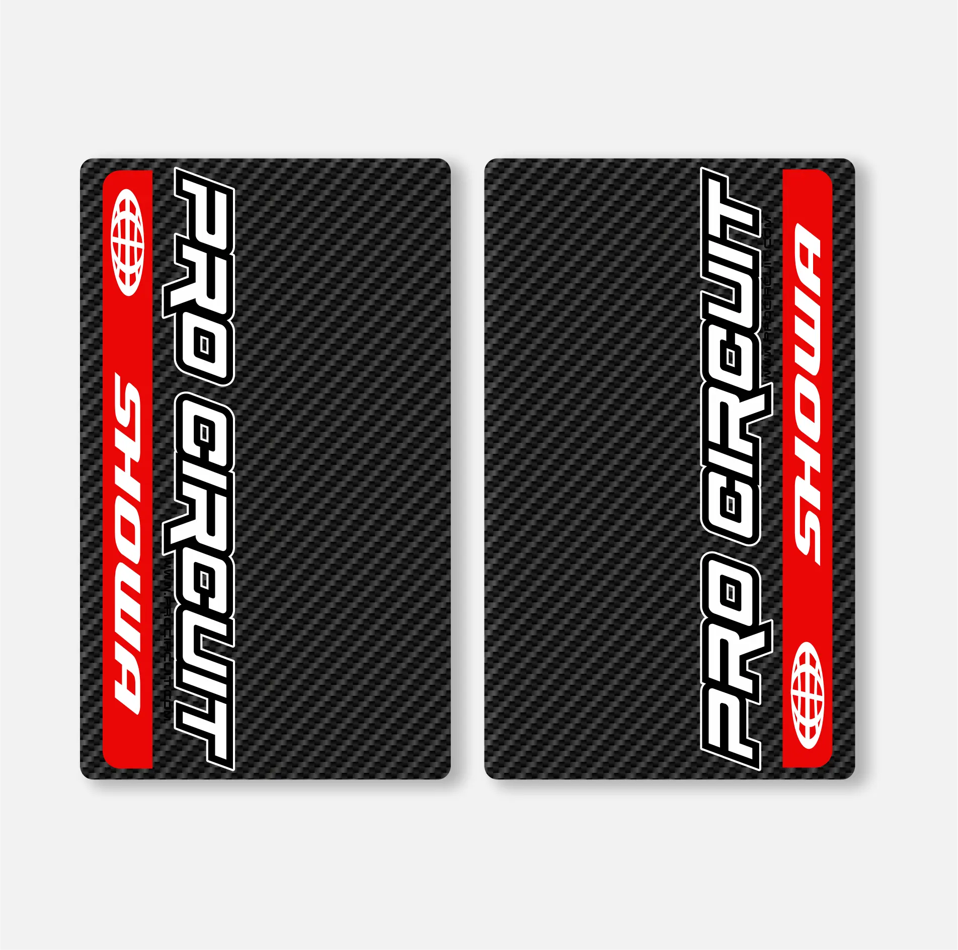 A set of two carbon fiber effect vinyl fork decals with 'SHOWA' and 'Pro Circuit' branding.