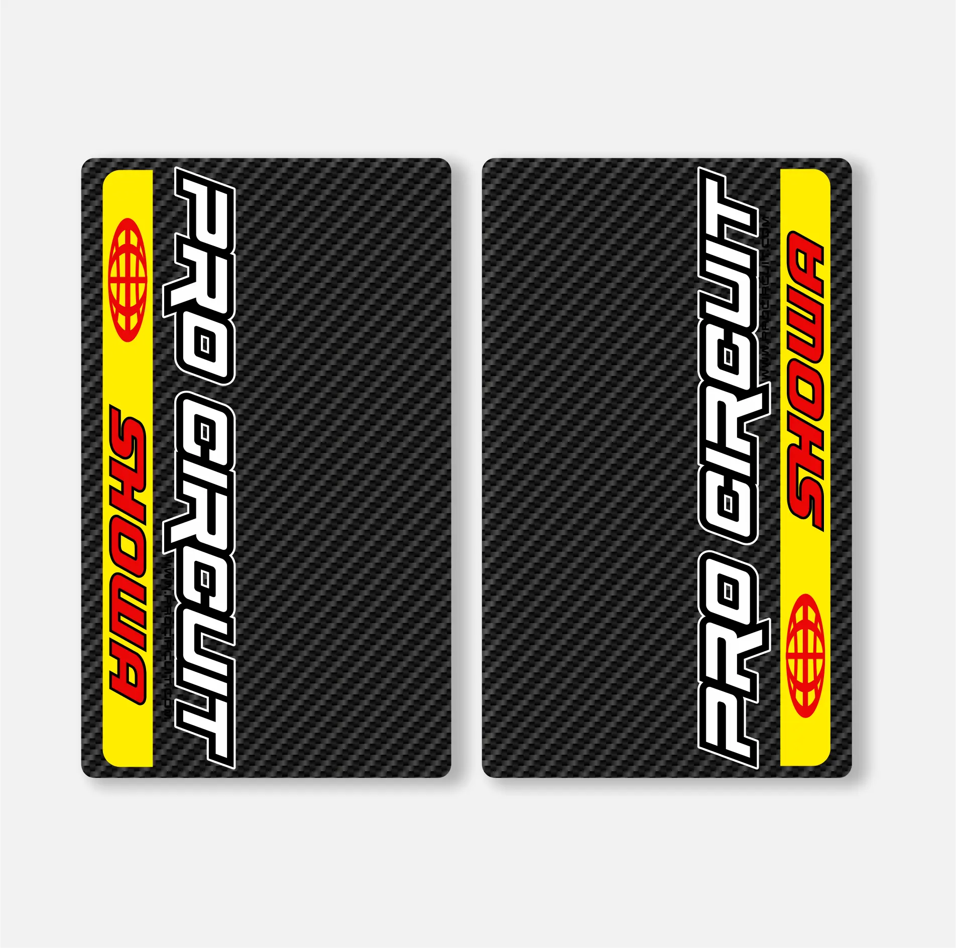 A set of two carbon fiber effect vinyl fork decals with 'SHOWA' and 'Pro Circuit' branding.