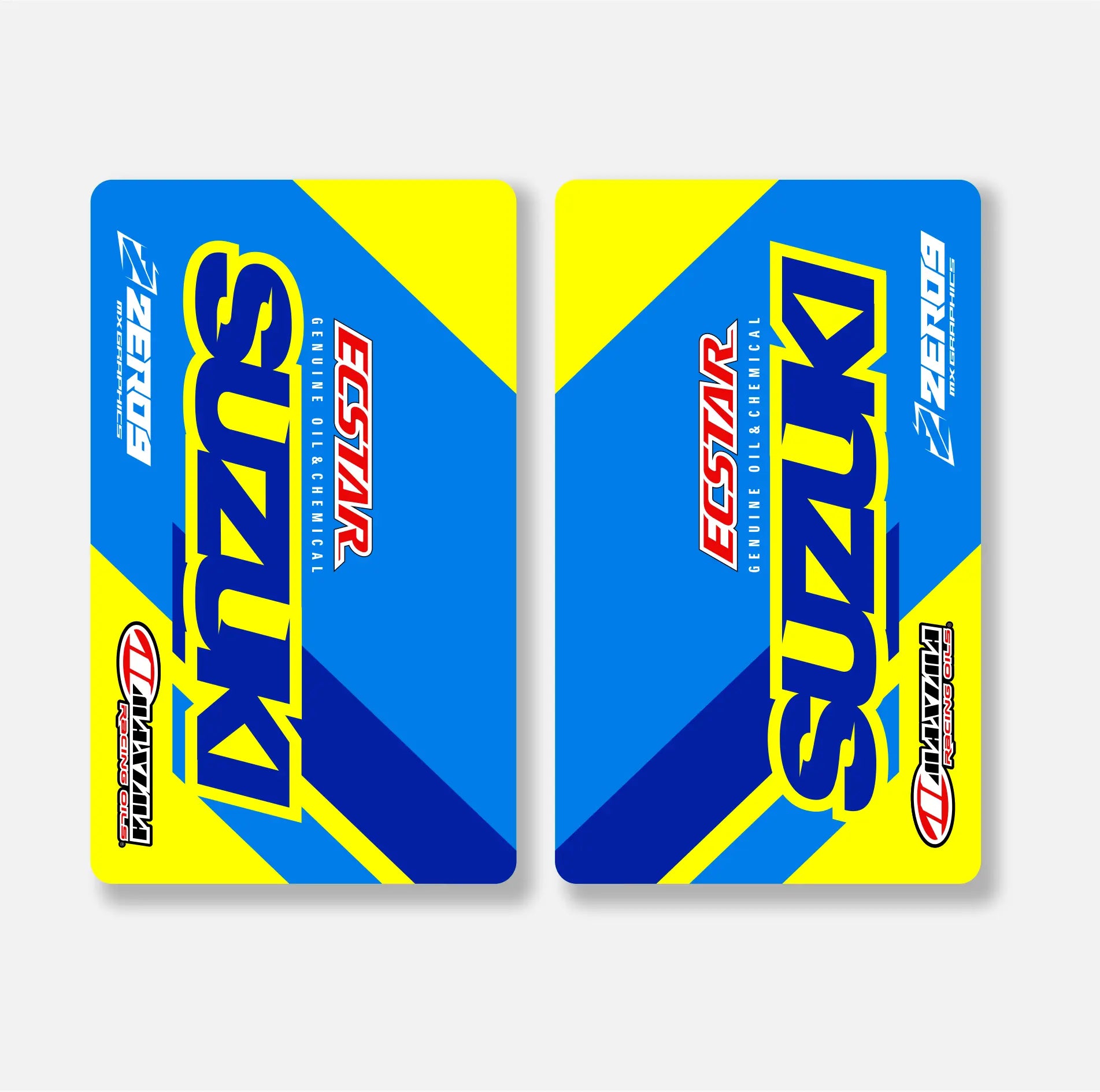 Two blue and yellow Suzuki fork decals with Ecstar and Maxima logos on a white background