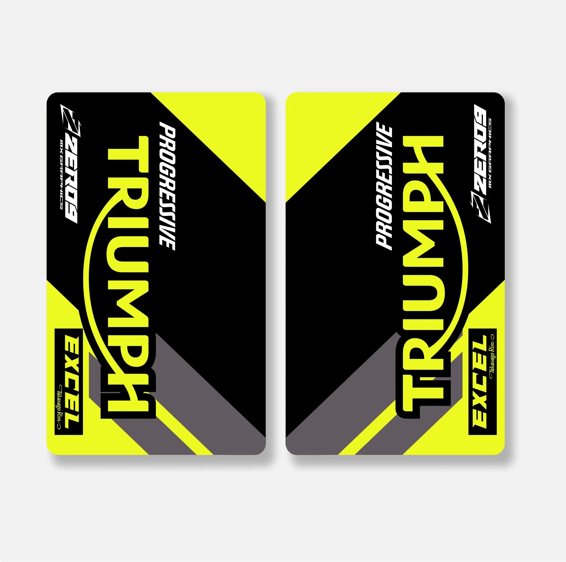 Two 'Triumph' branded fork decald with black, yellow, and gray design on a white background.