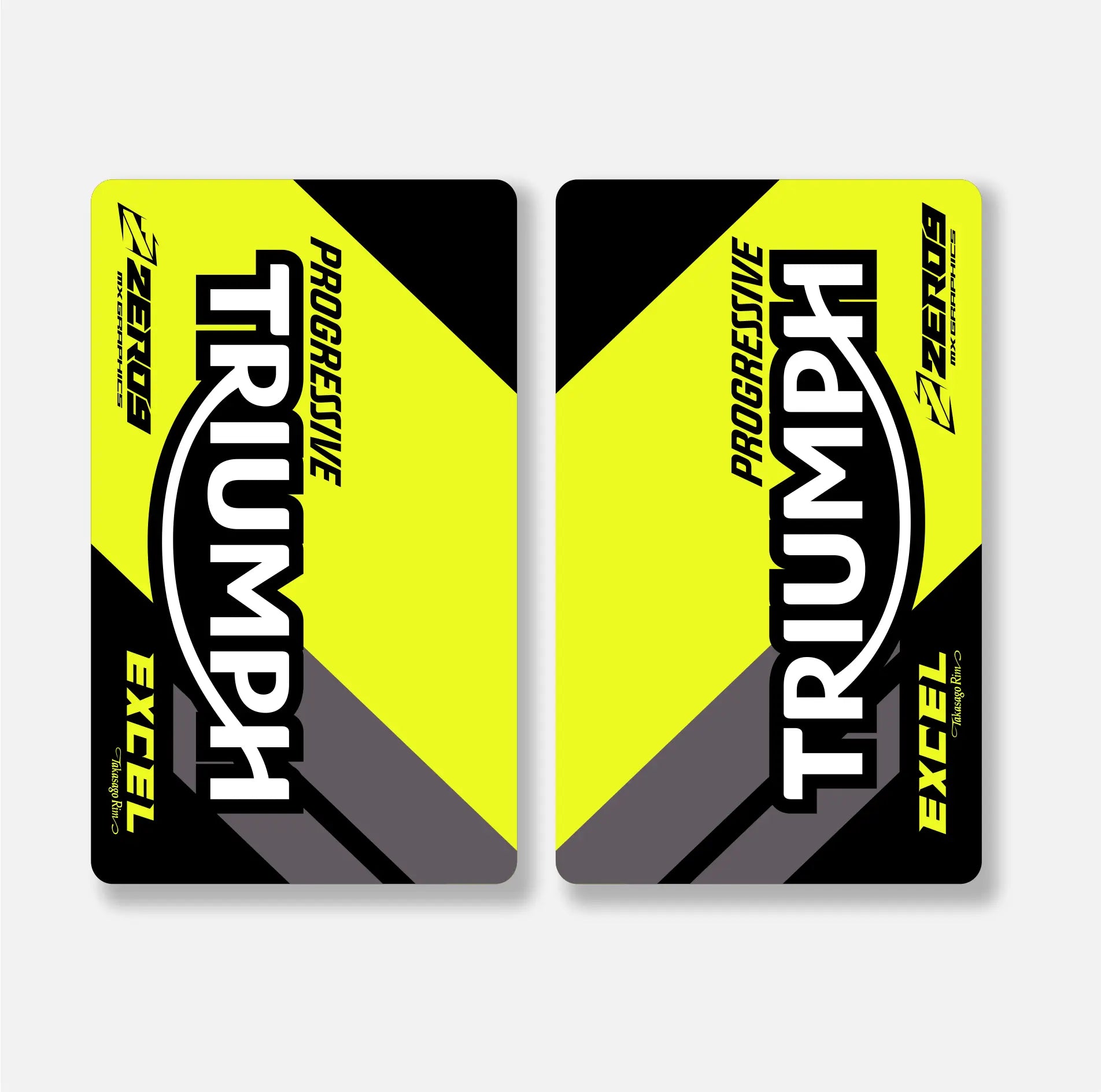 Two yellow and black Triumph Progressive Excel motorcycle fork decals on a white background