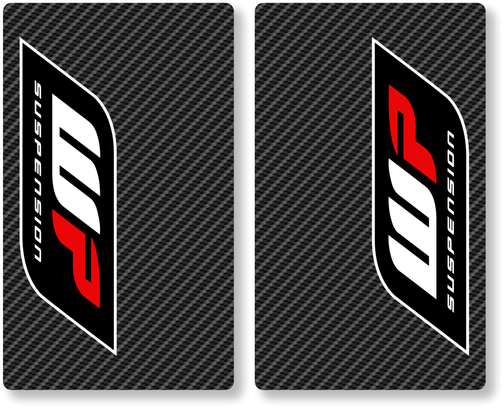 Two carbon fiber patterned suspension logo decal stickers on a black background.