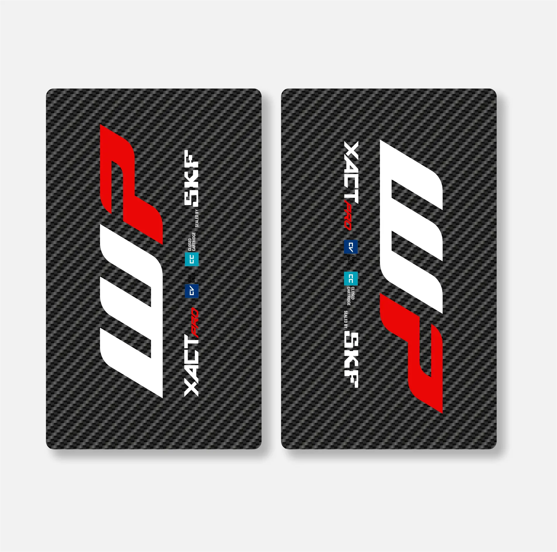 Two rectangular motocross fork decals with a carbon fiber appearance, predominantly black with red and white branding text and graphics.