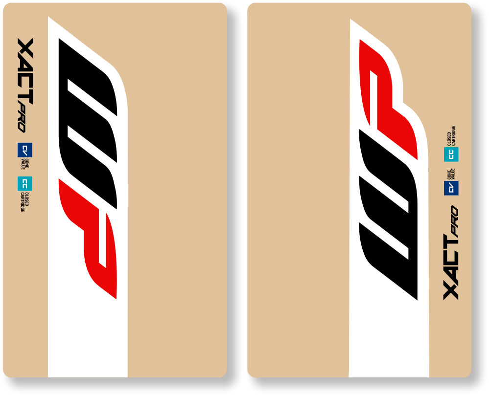 Pair of clear motorcycle decals with black and red logo on a white background