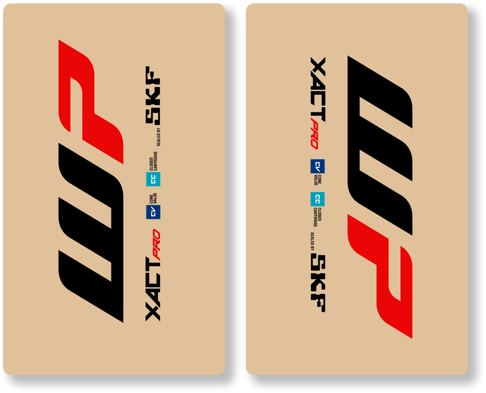 Two clear decals with SKF and Xact Pro branding on a white background