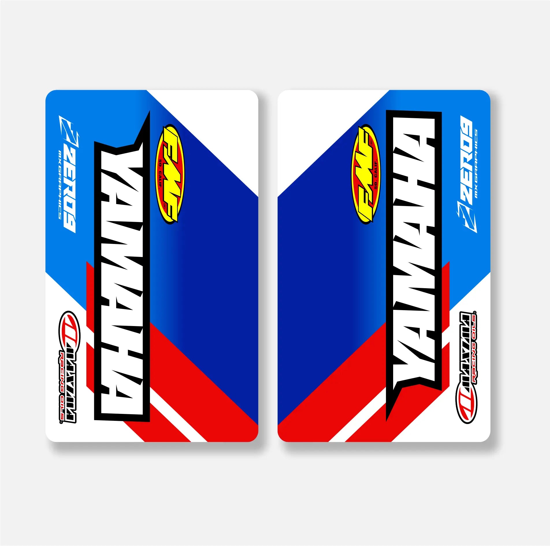 Yamaha motorcycle decals with blue, red, and white design on a gray background