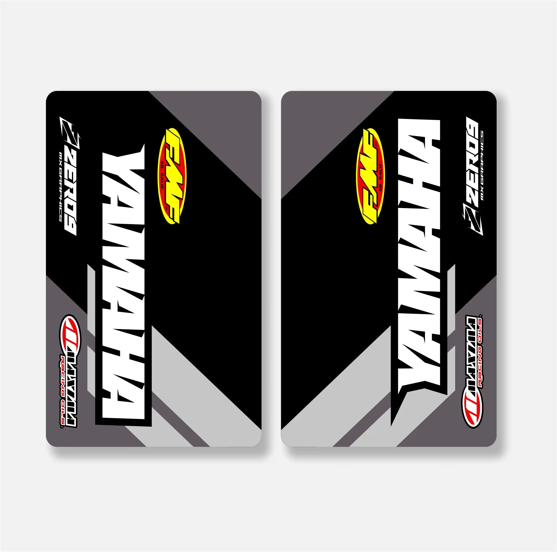 Two black and gray Yamaha decals with sponsor logos on a white background