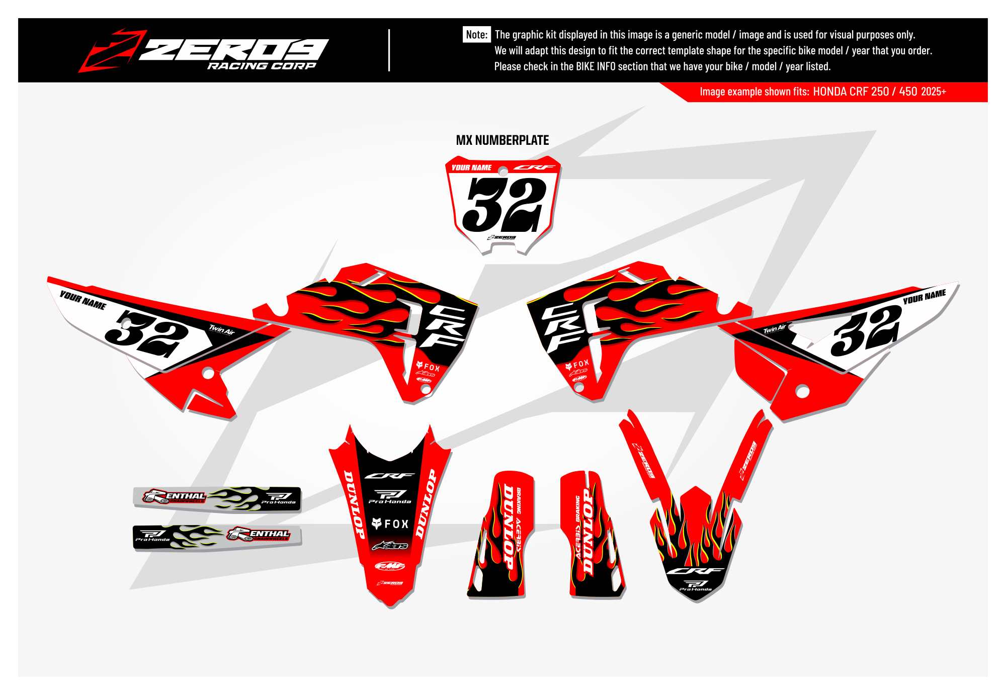 Honda Graphics Kit - FLAME | Red/Black
