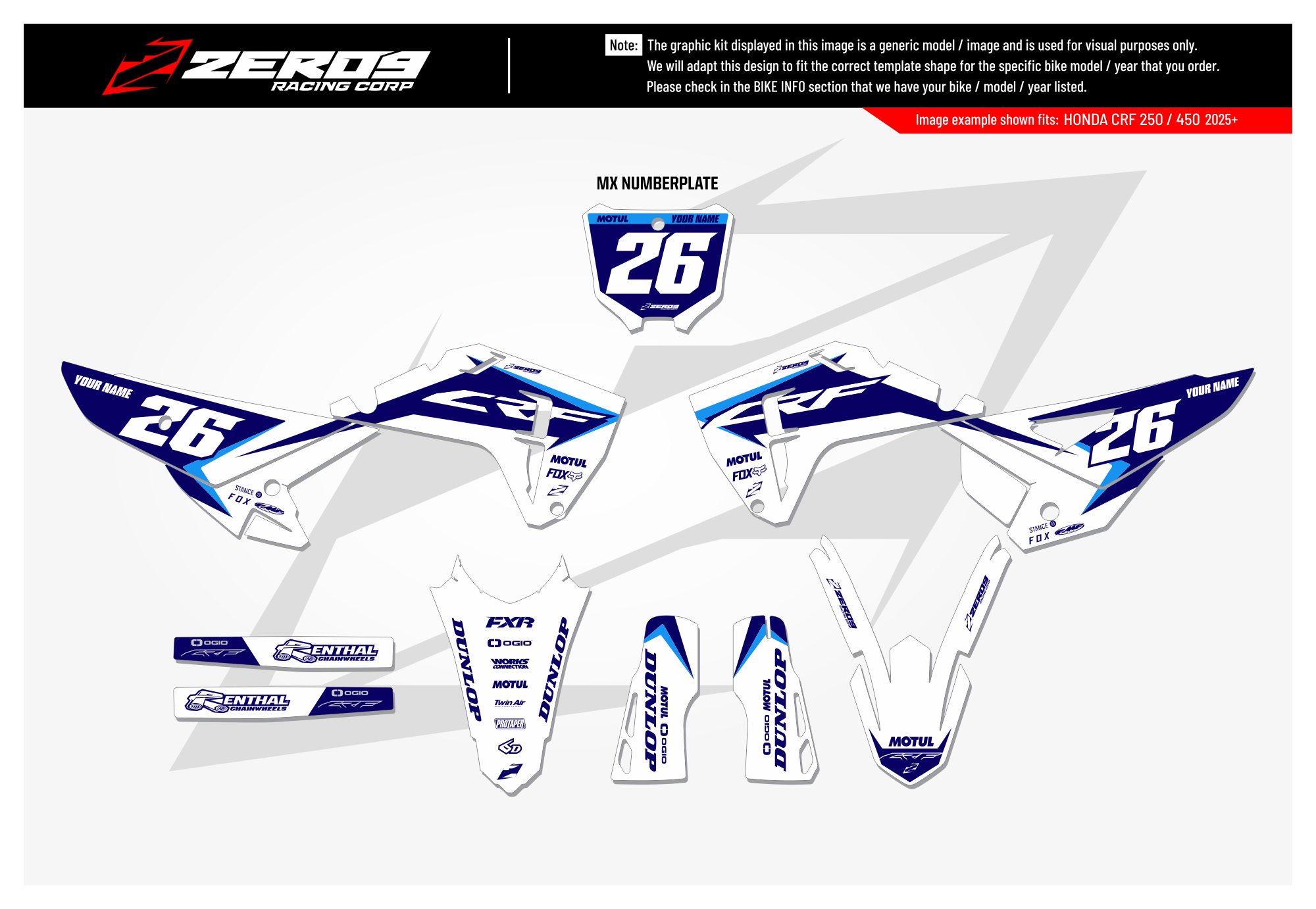 Honda Graphics Kit - FUZE | White/Blue