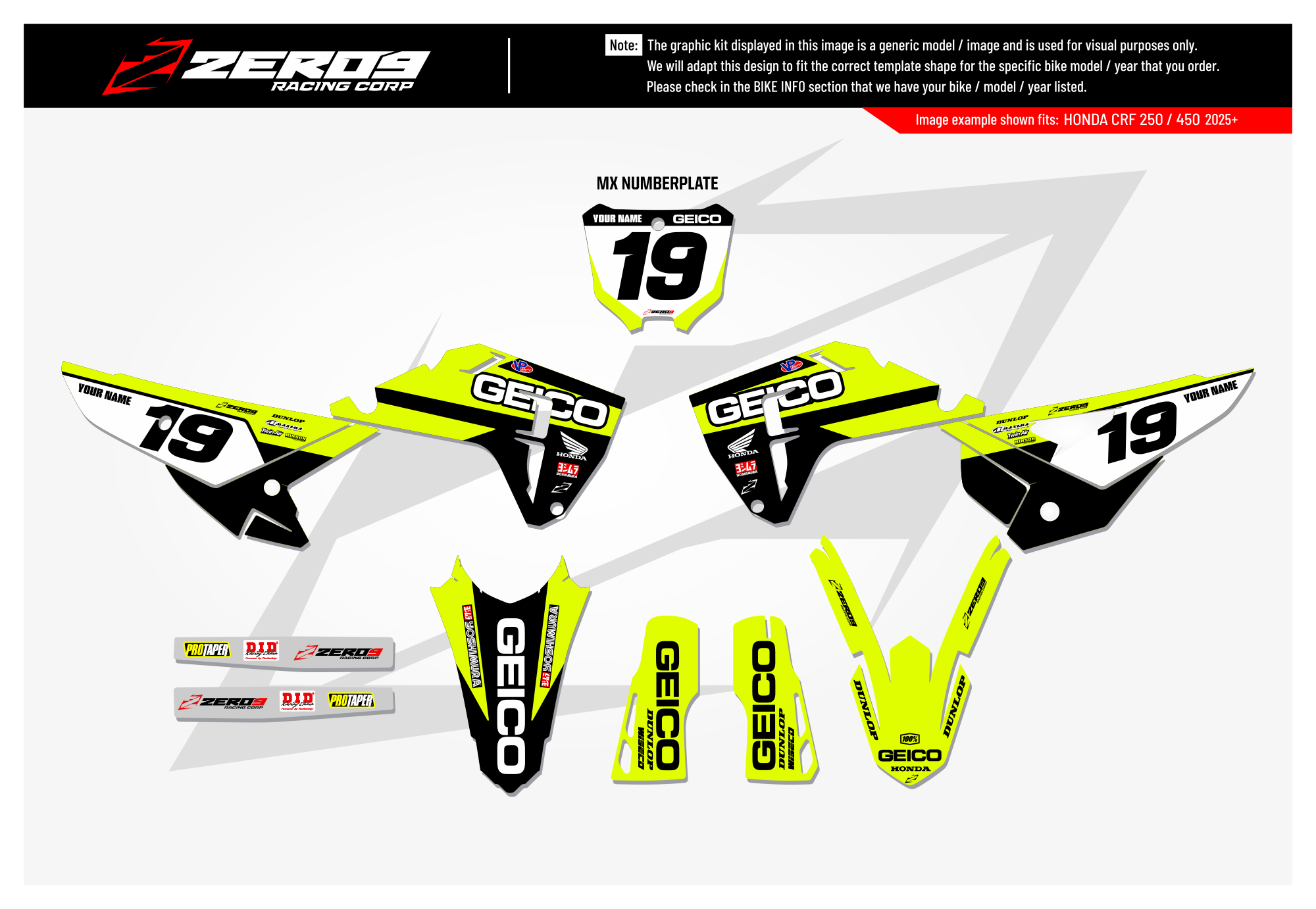 Honda Graphics Kit - GEICO SOLID | Vivid Yellow